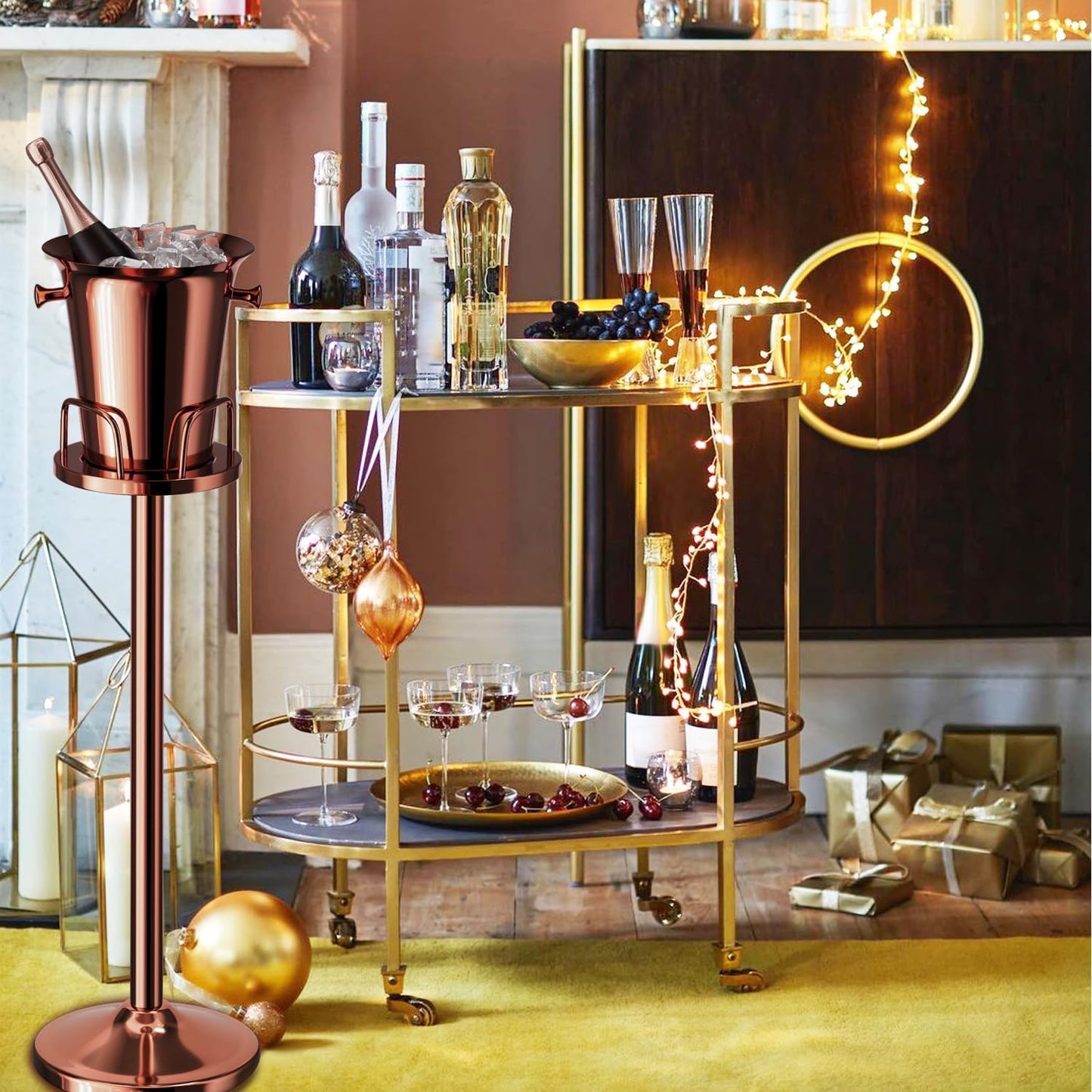 Ice Bucket with Stand Standing Champagne bucket for Party Stainless Steel Wine Bucket Wine Cooler with Stand 5L Wine Chiller for Bar Ktv Weding (rose gold)