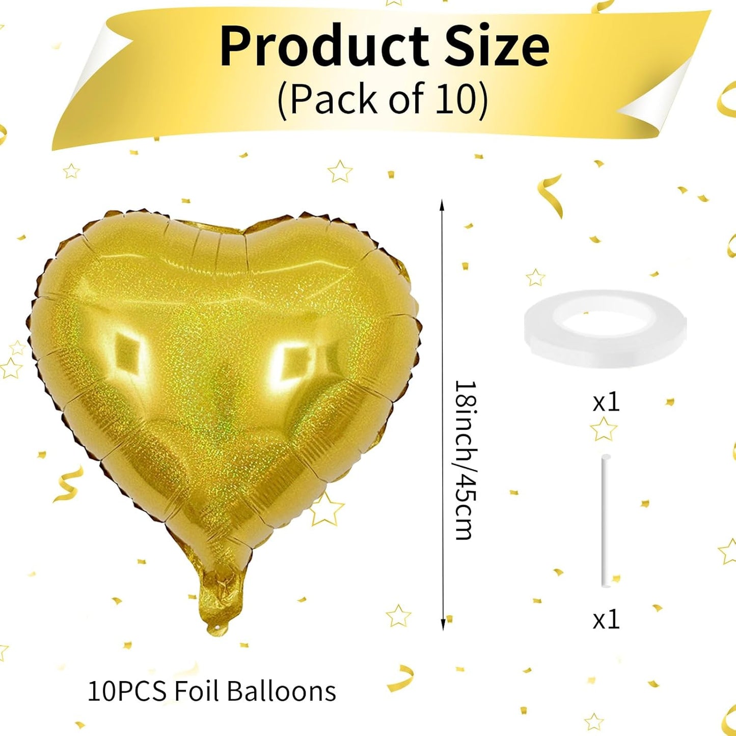 Biapian Glitter Gold Heart Balloons - 10PCS Foil, 18inch Valentines Love Balloons for Valentines Day, Wedding, Graduation, Birthday, Baby Shower Party Decorations