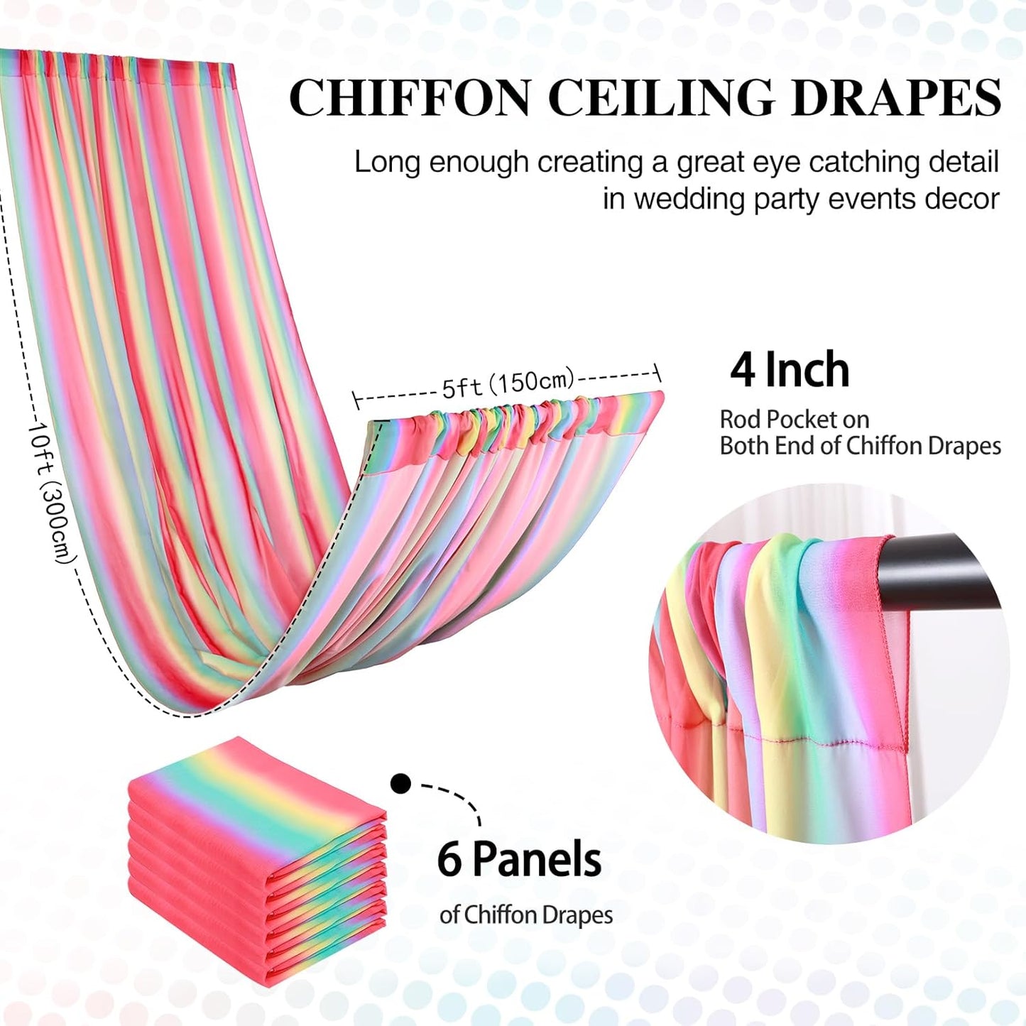 DUOBAO Rainbow Chiffon Wedding Ceiling 10FT Length Photo Background Curtain Decorations with Rod Pocket for Banquet Room Weddings Ceremony Graduation Prom, W 5' x L 10'-6 Panels Bright Rainbow