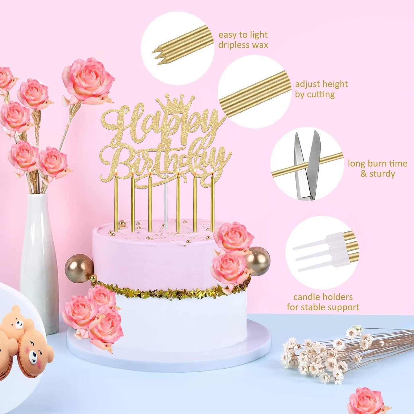 Birthday Decorations for Women/Girls, Including Queen Sash and Crown, Cake Topper, Candles. Birthday Sash and Tiara for Women, Golden Party Decorations Favors