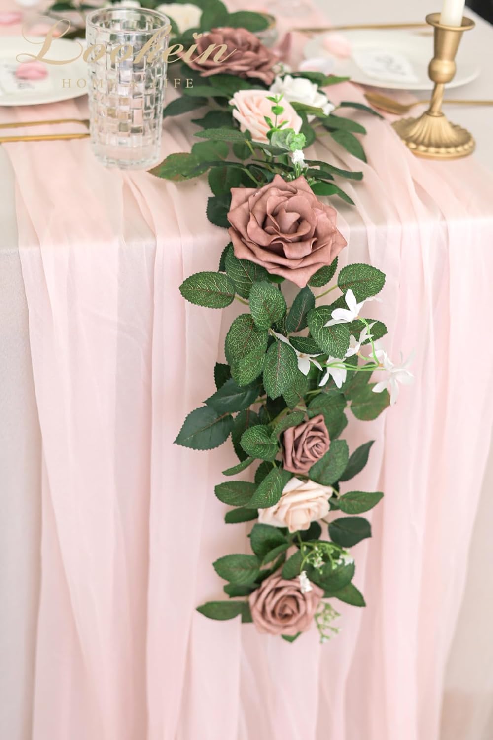 Lookein Artificial Rose Flower Garland Greenery Garland 5FT for Wedding Ceremony Backdrop Arch Flowers Table Centerpieces Decorations, Garden Dusty Rose