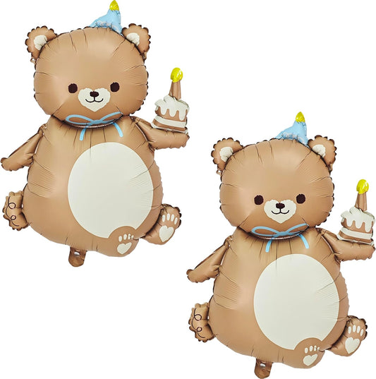 2PCS Matte Bear Animal Balloon With Hat Big Brown Bear Holding Birthday Candle Cake Bear Foil Balloon For Kids Jungle Safari Zoo Farm Birthday Theme Party Baby Shower Decoration