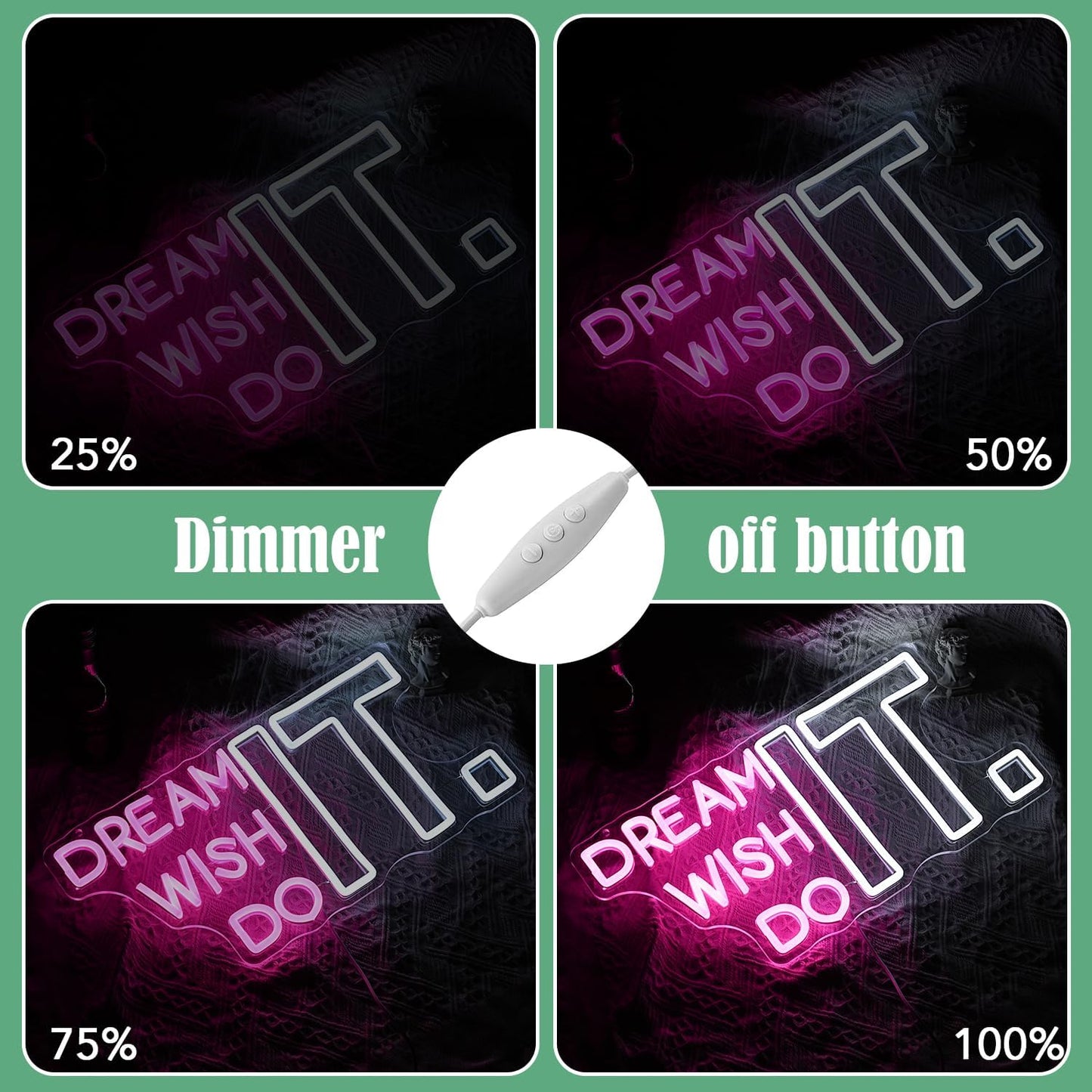 Dream It Wish It Do It Neon Sign Dimmable Letters Neon Light Signs for Wall Decor USB Power Pink White Neon Light for Bedroom Led Neon Sign for Studio Office Bar Gifts