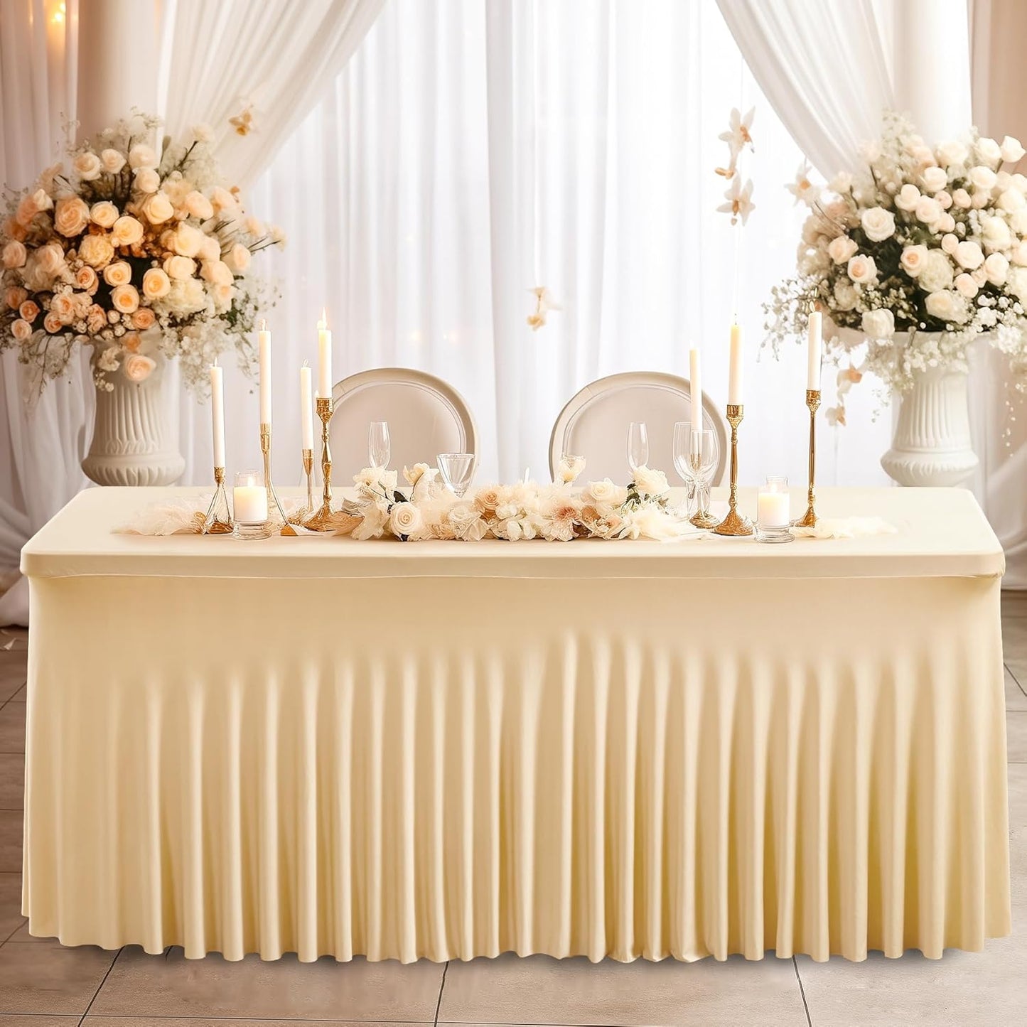 Wish Care 2 Pack Champagne Spandex Table Clothes for 8 Foot Rectangle Tables, 8FT Wrinkle Free Fitted Tablecloths Ruffles Design Table Cover for Party, Banquet, Wedding and Events