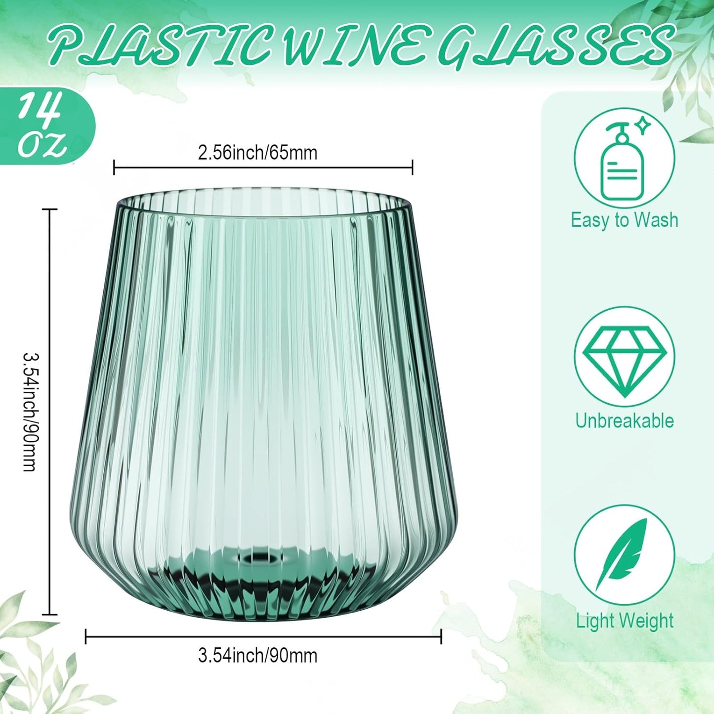 Suclain 50 Pcs Plastic Wine Glasses Ribbed Stemless Wine Glasses 14oz Vertical Design Unbreakable Cups for Outdoor Indoor Vintage Elegant Champagne Whiskey Cups for Party Wedding (Green)