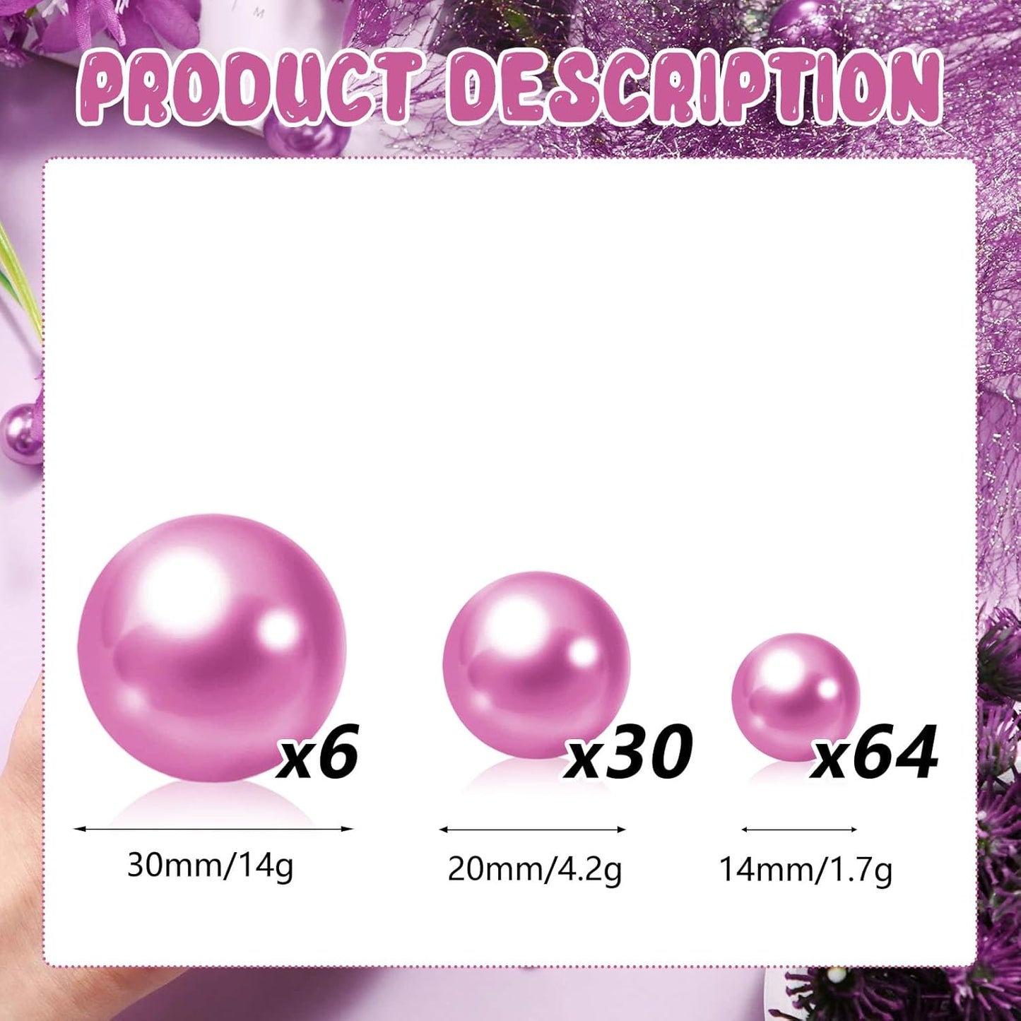 100PCS Dark Purple Faux Pearls Beads for Centerpiece Vases, Vase Filler Faux Pearls, No Holes Filler Beads for Party Anniversary Birthday Wedding Table Decor, 14/20/30mm