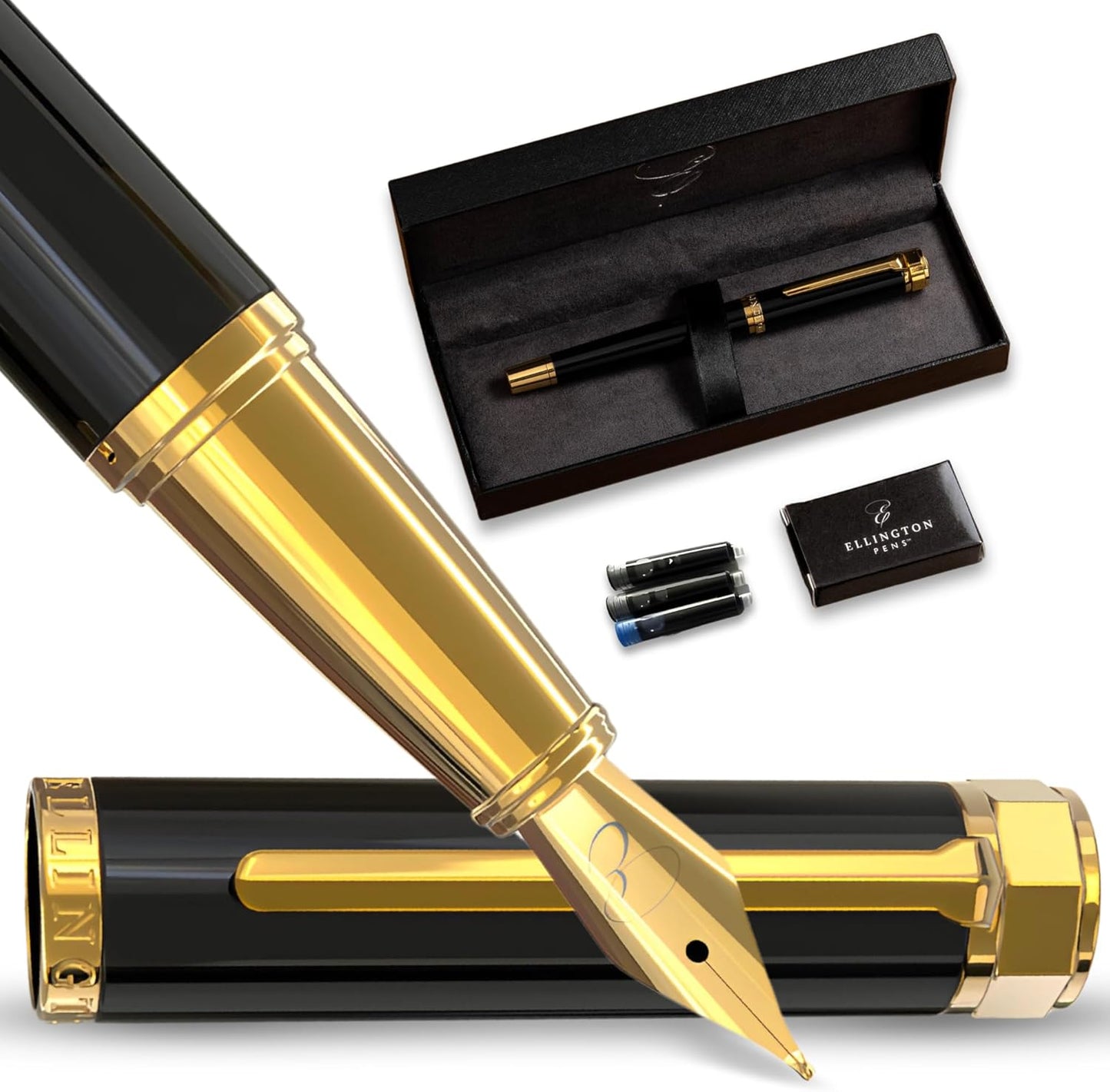 Ellington Pens Luxury Fountain Pen Set- Fountain Pens for Writing - Smooth Medium Nib - Includes Refillable Ink Converter, 3 Ink Cartridges [Black & Blue], Gift Box - Elegant Calligraphy