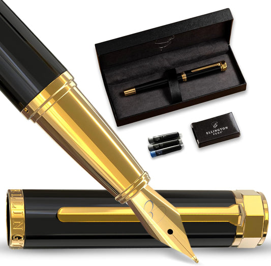 Ellington Pens Luxury Fountain Pen Set- Fountain Pens for Writing - Smooth Fine Nib - Includes Refillable Ink Converter, 3 Ink Cartridges [Black & Blue], Gift Box - Elegant Calligraphy