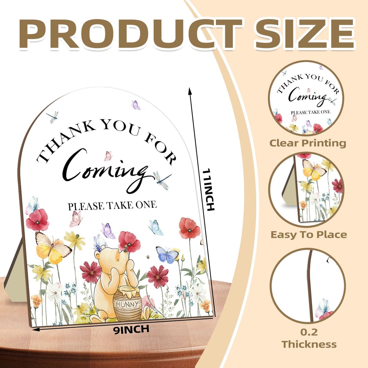 Winnie Bridal Shower Sign, Classic Pooh Thank You Wooden Sign for Women Men, Floral Butterfly Decor Wedding Shower Favors Sign, Bridal Shower Gifts for Guests, Thank You for Coming Please Take One Sign 9*11IN