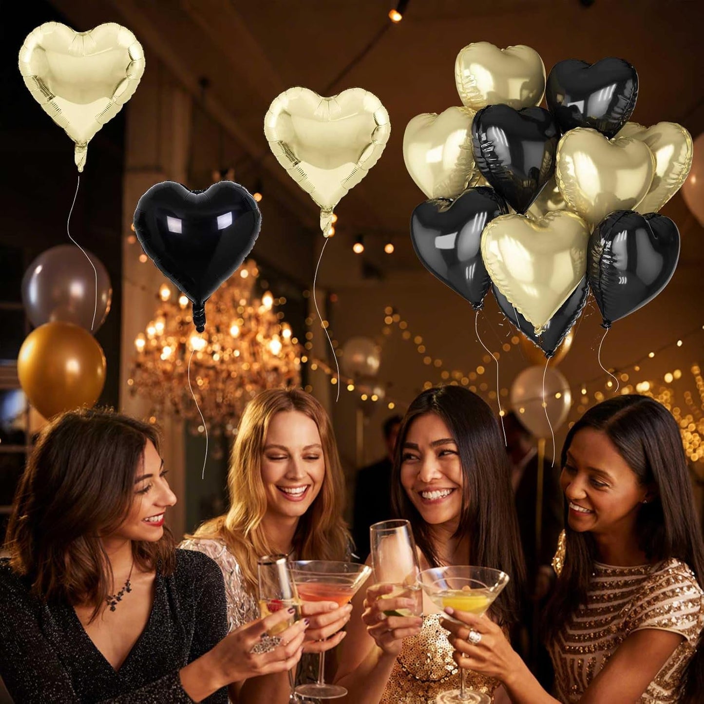 Black Gold Foil Heart Balloons, 18 Inch 10 Pcs Light Gold and Black Heart Shape Mylar Balloons Pastel Yellow and Black Heart Balloons for Birthday Graduation Valentines Baby Party Anniversary