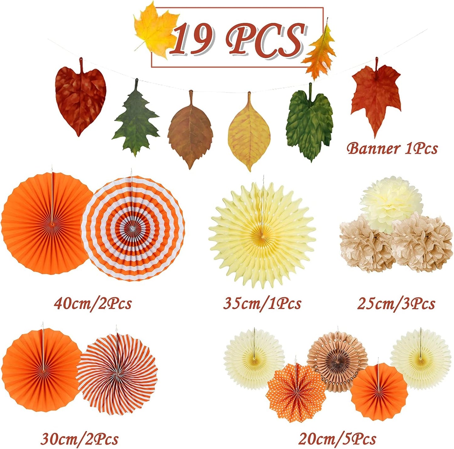 Easy Joy 14 Pcs Fall Party Decorations, Orange Hanging Paper Fans Autumn Paper Pompoms Lanterns Maple Leaves Bunting Garlands for Thanksgiving Celebration, Birthday Decor