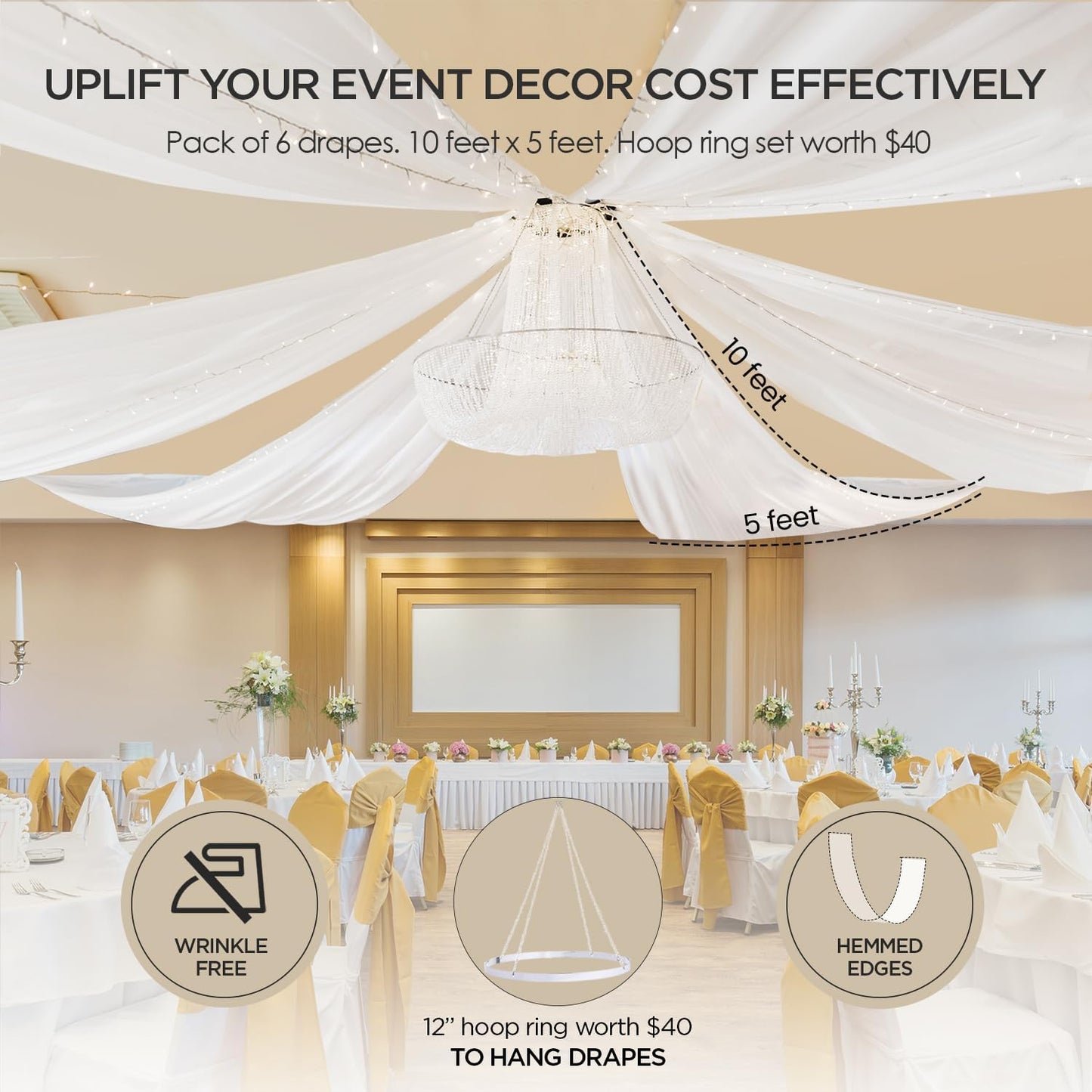 boldworks Ceiling Drapes Hanging Kit for Weddings Tent Bedroom Draping Parties Decoration White Fabric Includes Hoop Ring Set 5ft x 10ft Pack of 6