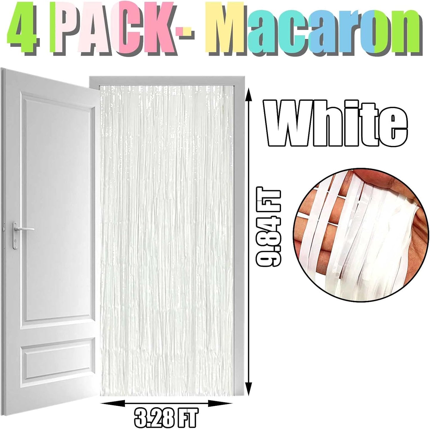 4 Pack White Foil Fringe Curtain Backdrop, 3.3Ft x 9.8Ft Metallic Tinsel Streamers Curtains for Photo Booth, Wedding, Thanksgiving, Birthday, Christmas Party Decoration, One Size