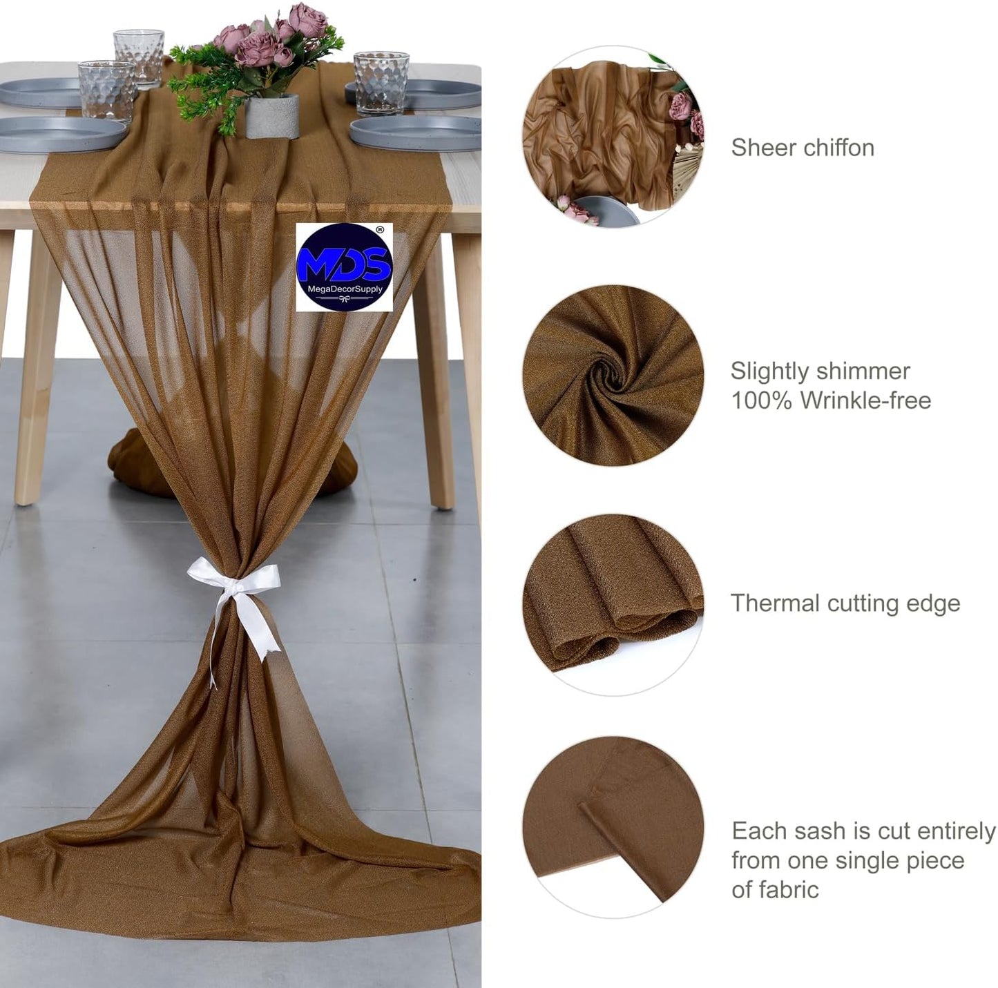 MDS 25 Pack 10ft Chiffon Table Runner 29 x 120 Inches Sheer Wedding Runner Romantic Rustic Table Runner for Wedding Decorations, Birthday Parties, Bridal Shower Party Arch Decor - Mocha