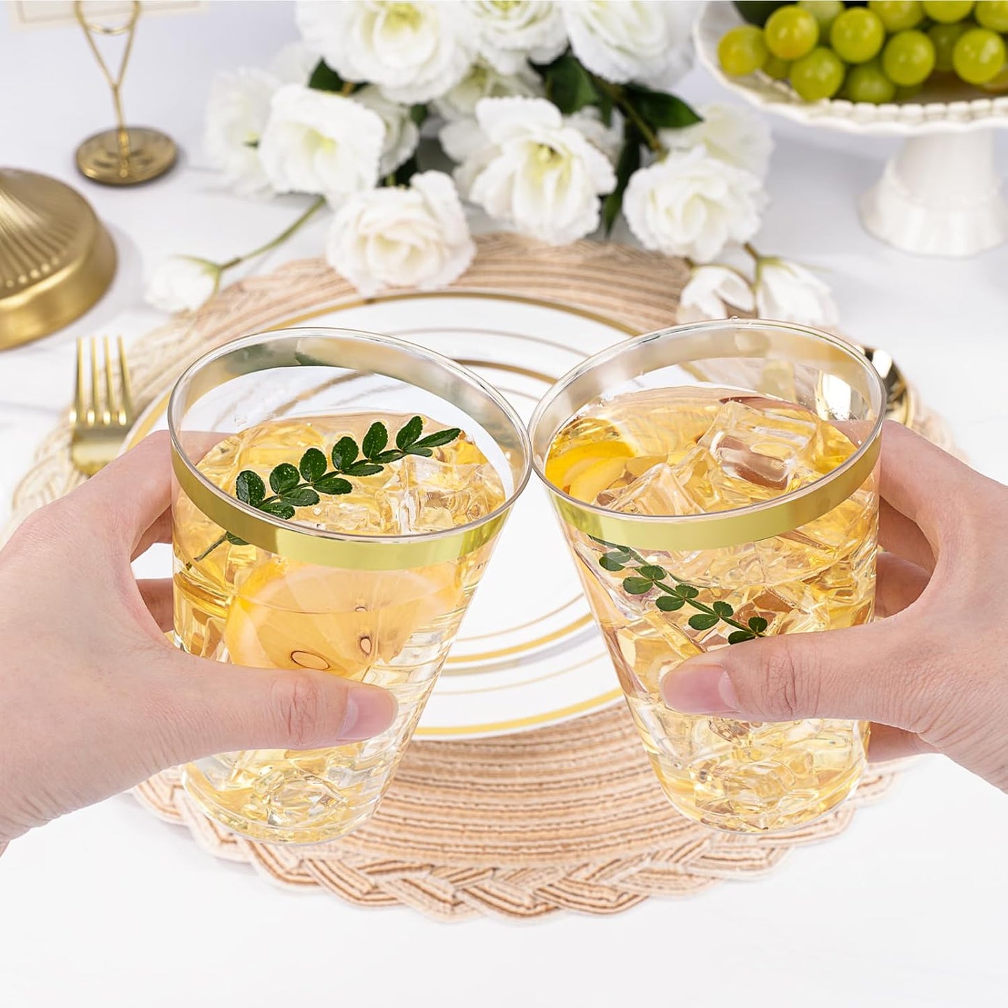 BESTVIP 12oz Gold Plastic Cups, 100 Pack Gold Rimmed Disposable Cups, Heavy-duty Party Cocktail Glasses, Plastic Cups for Party, Holiday, Christmas, Thanksgiving, Wedding and Birthday