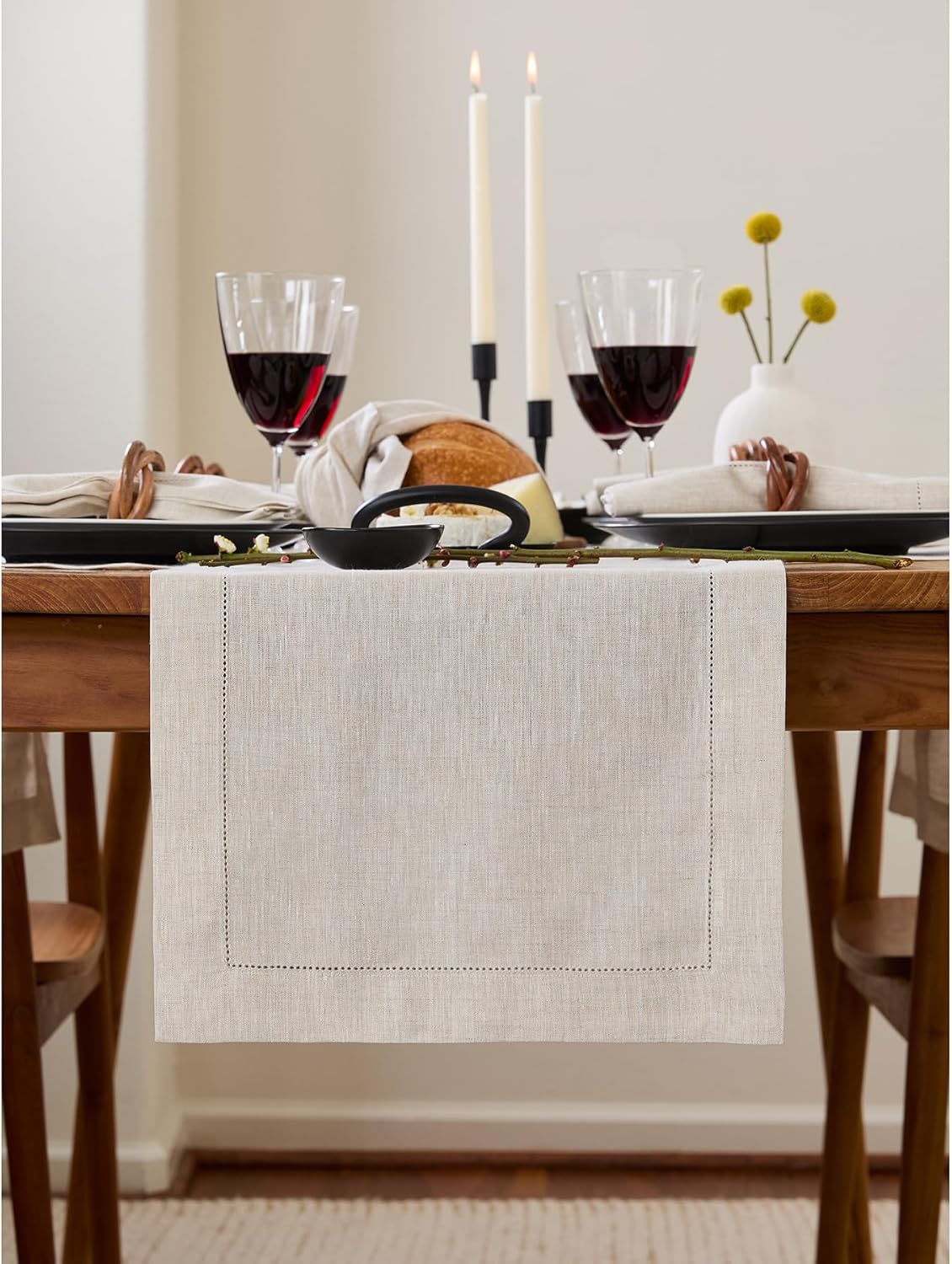 Solino Home Linen Hemstitch Table Runner 120 Inches Long - 100% Pure Linen Light Natural Table Runner 14 x 120 Inch for Fall, Autumn, Thanksgiving - Classic Hemstitch