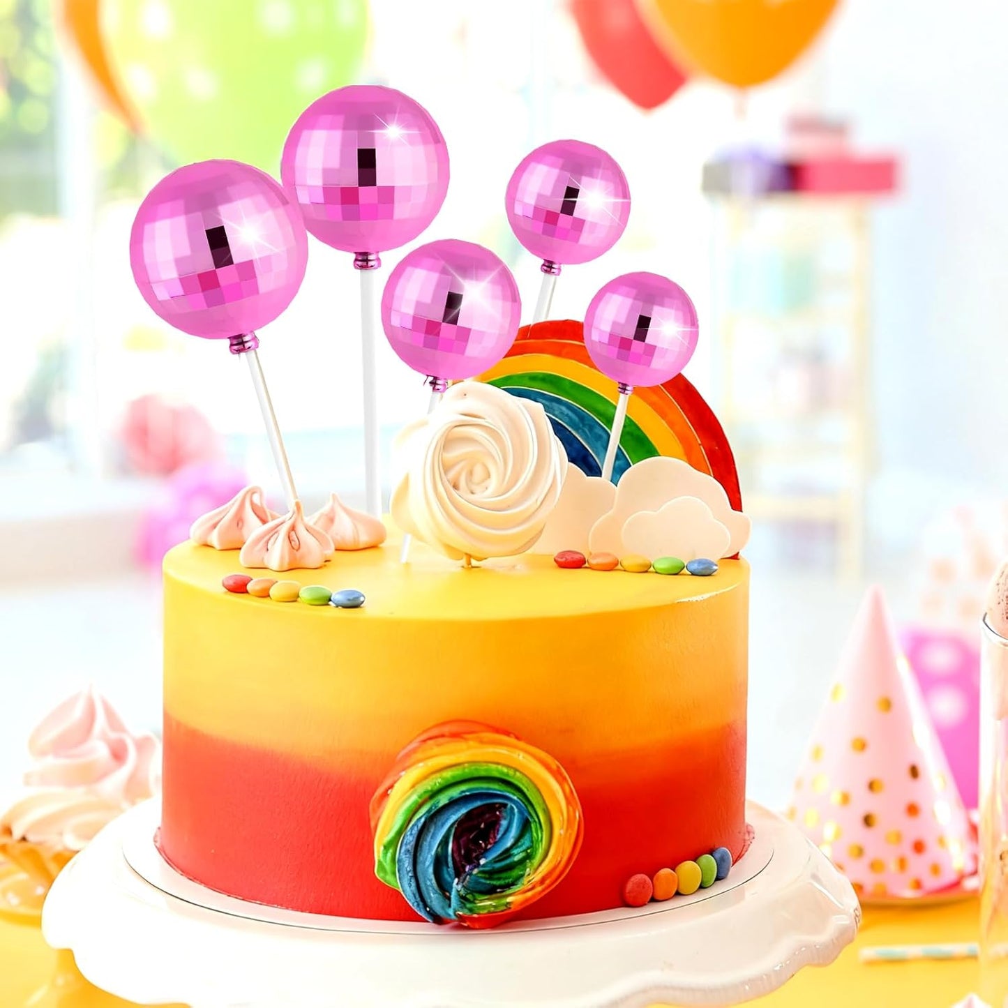 ASTARON 20 Pcs Disco Ball Cake Topper Decorations Sticks Pink Cake Balls Picks Toppers for Birthday Anniversary Disco Retired Theme Party Decorations