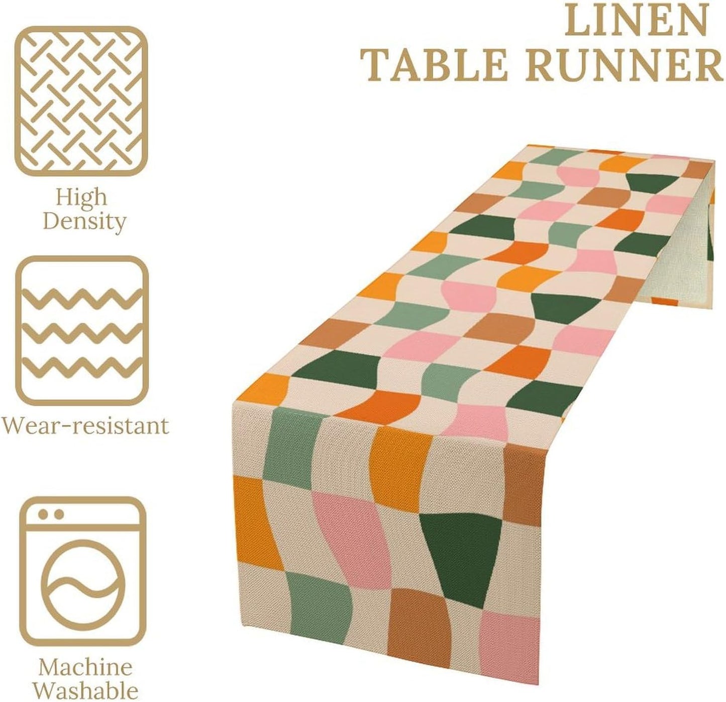 Hippie Table Runner, Vintage Geometric Square Orange Green Pink Grid 60s 70s Style Kitchen Dining Room Decor for Indoor Outdoor Wedding Party Table Runner 13x90 Inch