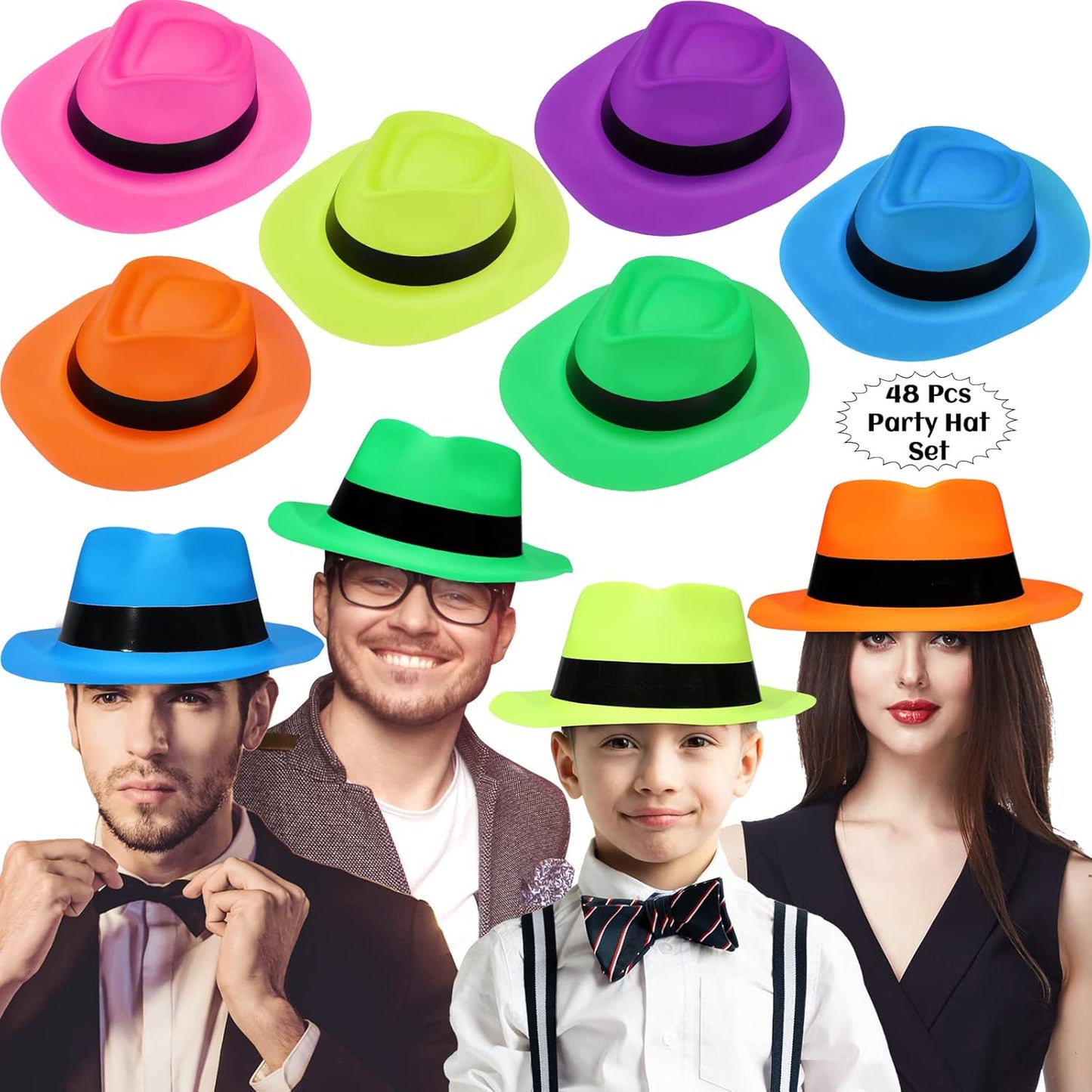 48 Pieces Neon Mafia Style Party Hats - Bright Dress Hats for Gangster Music Disco Birthday, Photo Booth Props and Favors