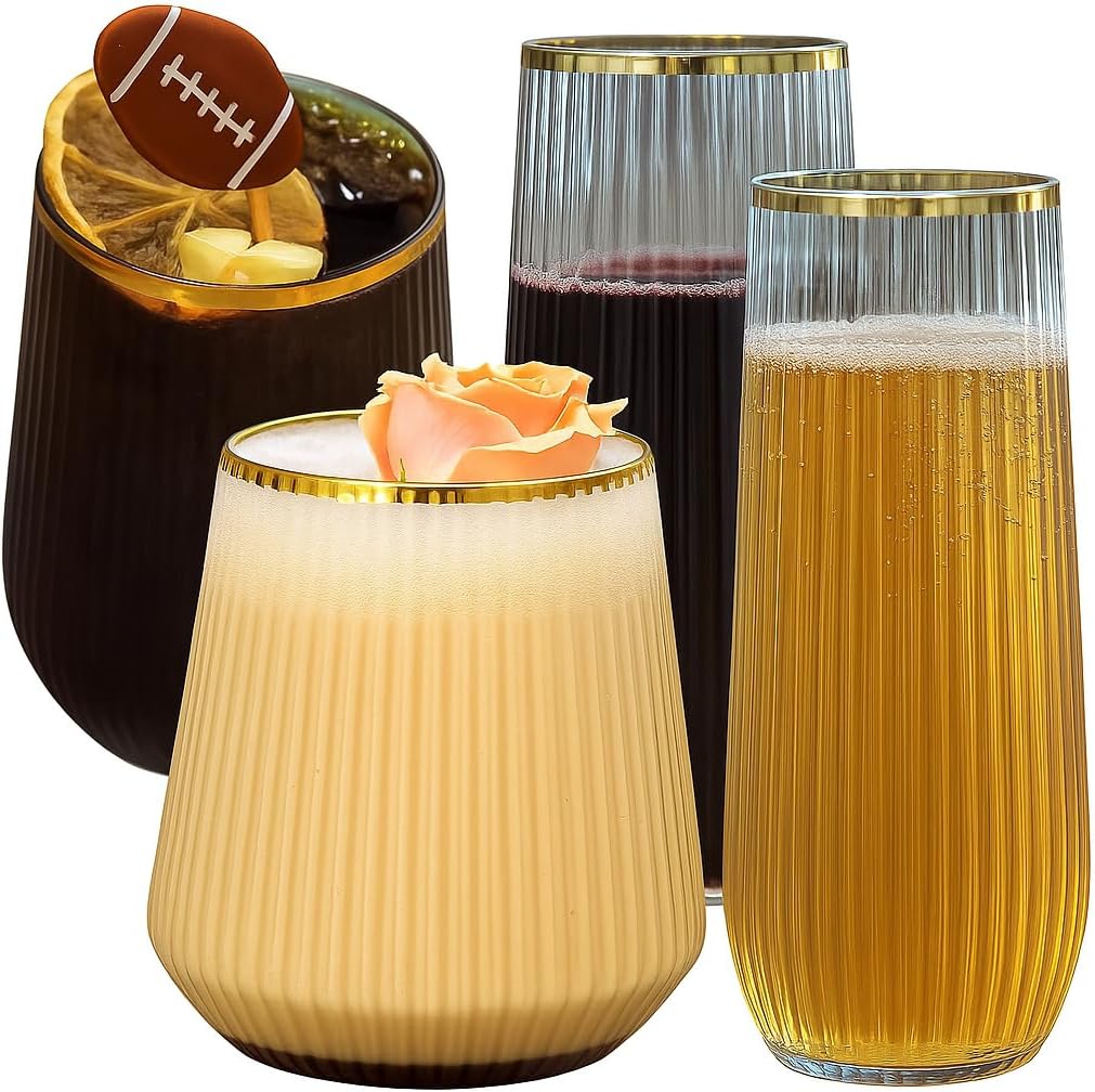 48 Pack Ribbed Origami Ripple Plastic Glasses, 24 9 Ounce Stemless Champagne Flutes & 24 12 Ounce Cups, BPA-Free Disposable Shatterproof Toasting Glasses for Weddings, Bars, and Events (Gold Rim)