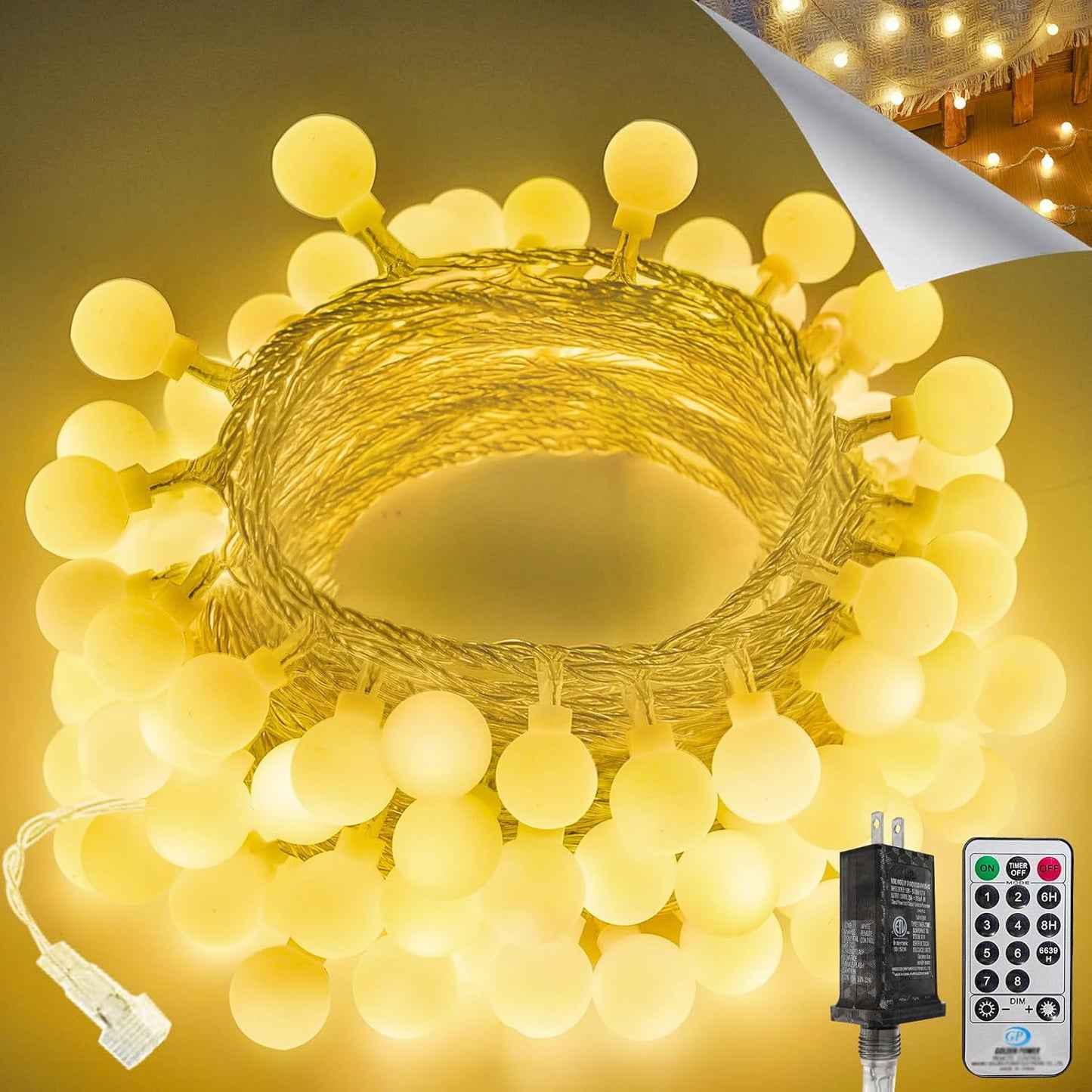 LORRYTE Connectable 43FT 100LED Globe String Lights | 8 Modes Warm White Christmas String Lights Plug in with Remote | Hanging Fairy Light for Indoor Outdoor Bedroom Party Christmas Tree Decor