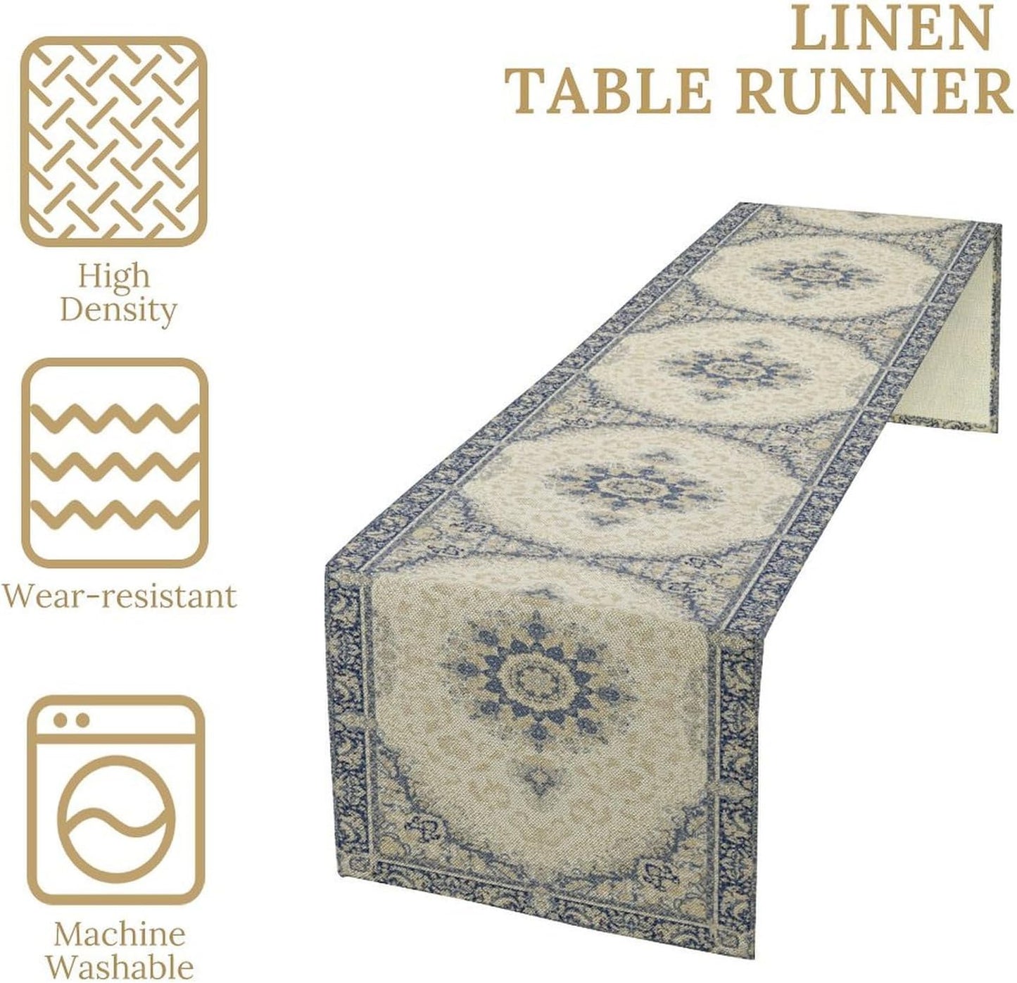 Boho Bohemia Style Table Runner, Vintage Blue Gold Retro Flower Rustic Country Style Floral Print Pattern for Home Kitchen Table Decor Dining Coffee Room Garden Party Decor 13x36in