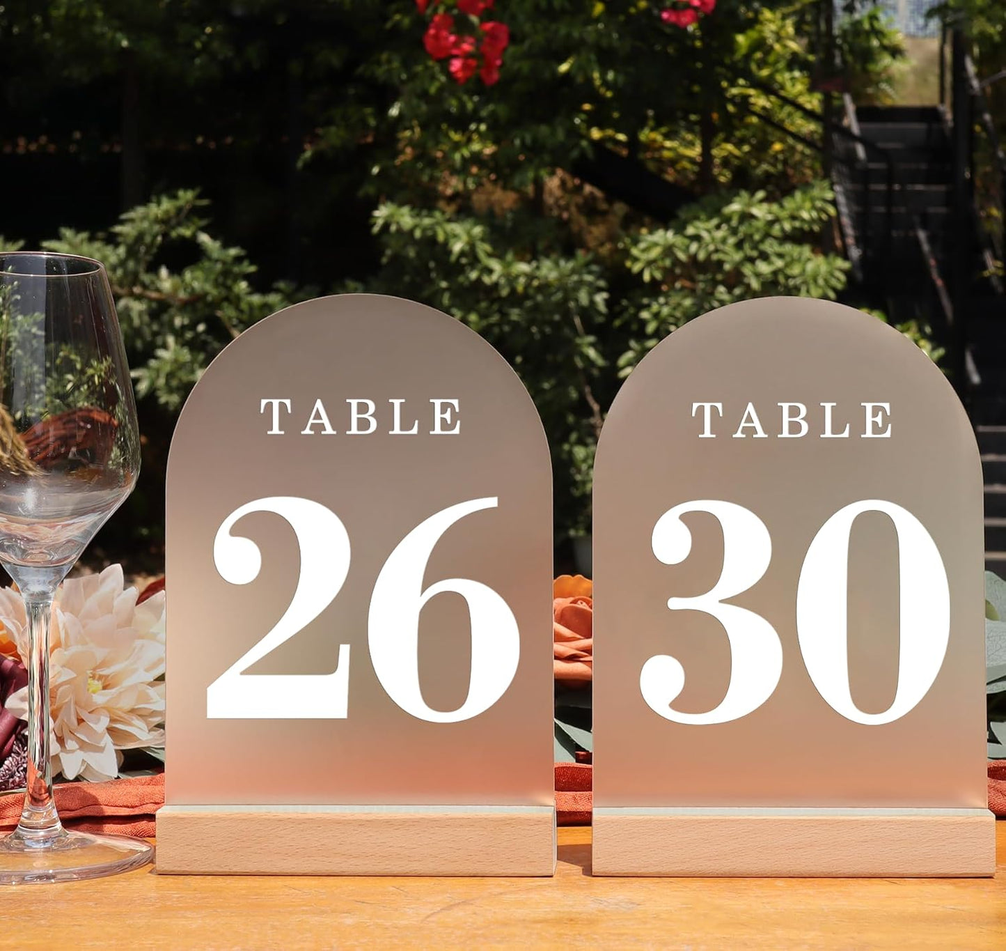 Wedding Table Numbers 26-30, Acrylic Arch Signs with Natural Wood Stands Holders, Rustic Table Decor for Reception & Parties (Frosted White)