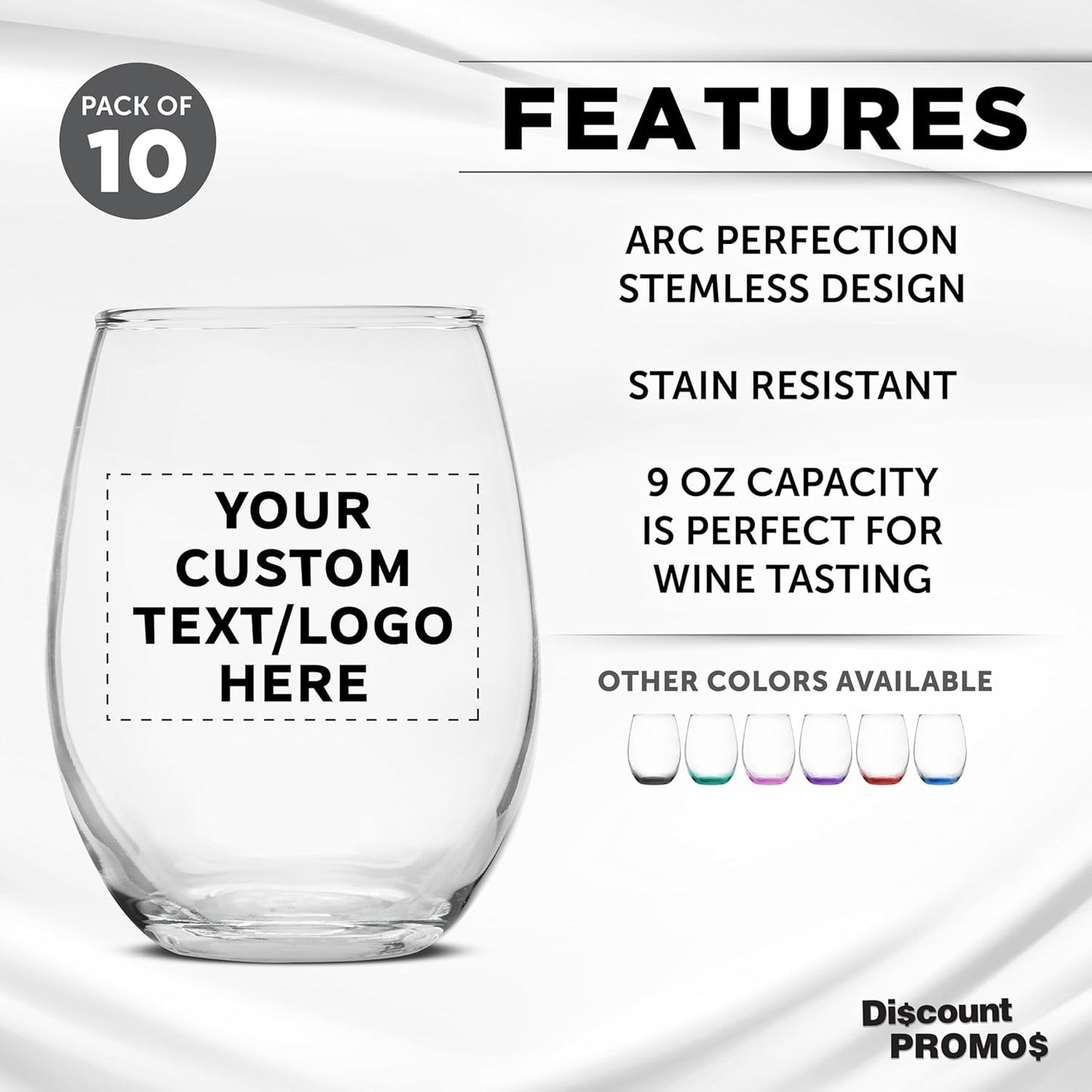 Custom Stemless Wine Glass 9 oz. Set of 10, Personalized Bulk Pack - Great for Wedding Favors, Bachelorette Party Decorations, Party Favors, Color Bottom - Clear