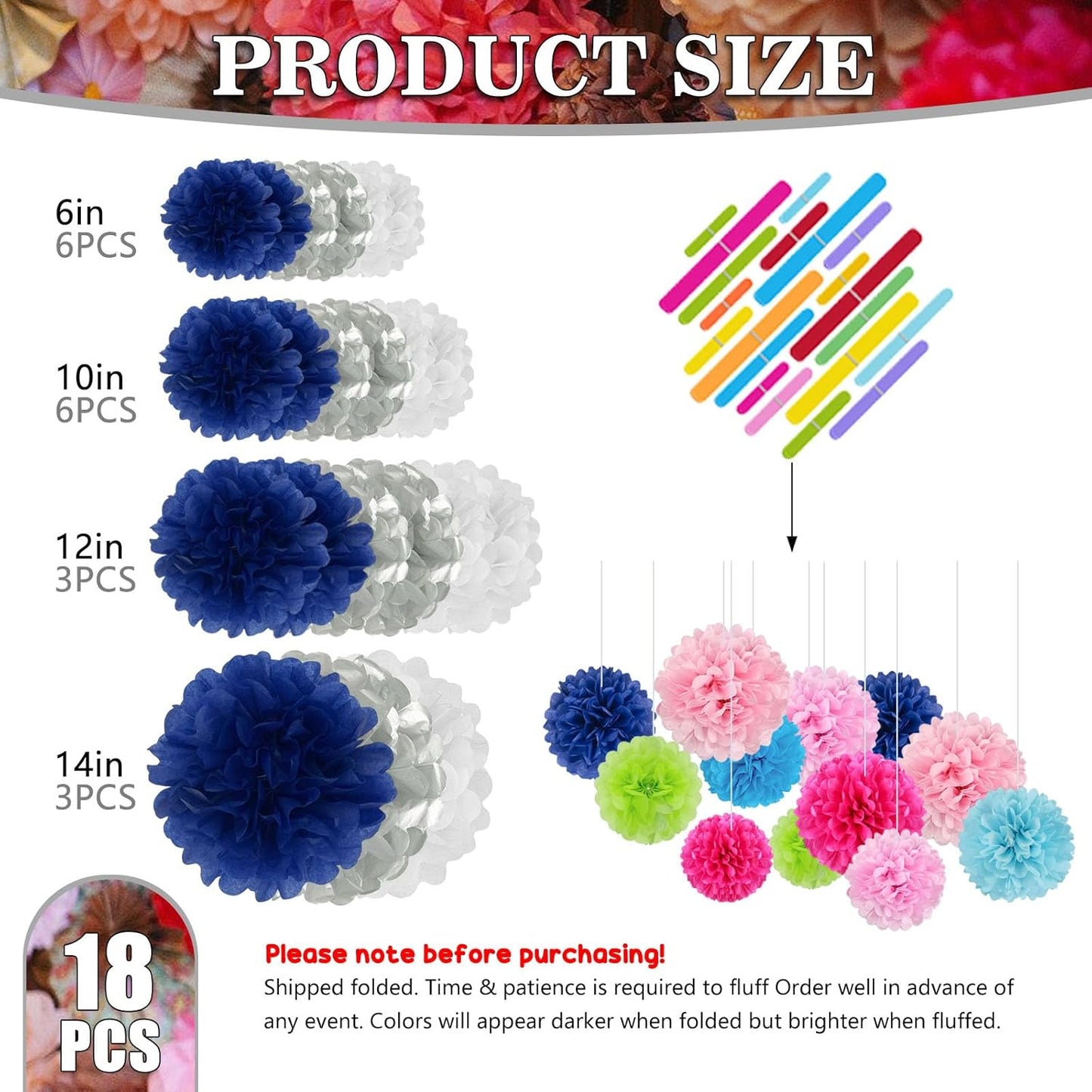 Tissue Paper Pom Poms, Silver Blue White Tissue Paper Flowers, Hanging Flower Balls for Weddings Fiesta Parties Birthday Baby Showers Classroom Bridal Shower Decoration (18Piece Set-6/10/12/14Inch)