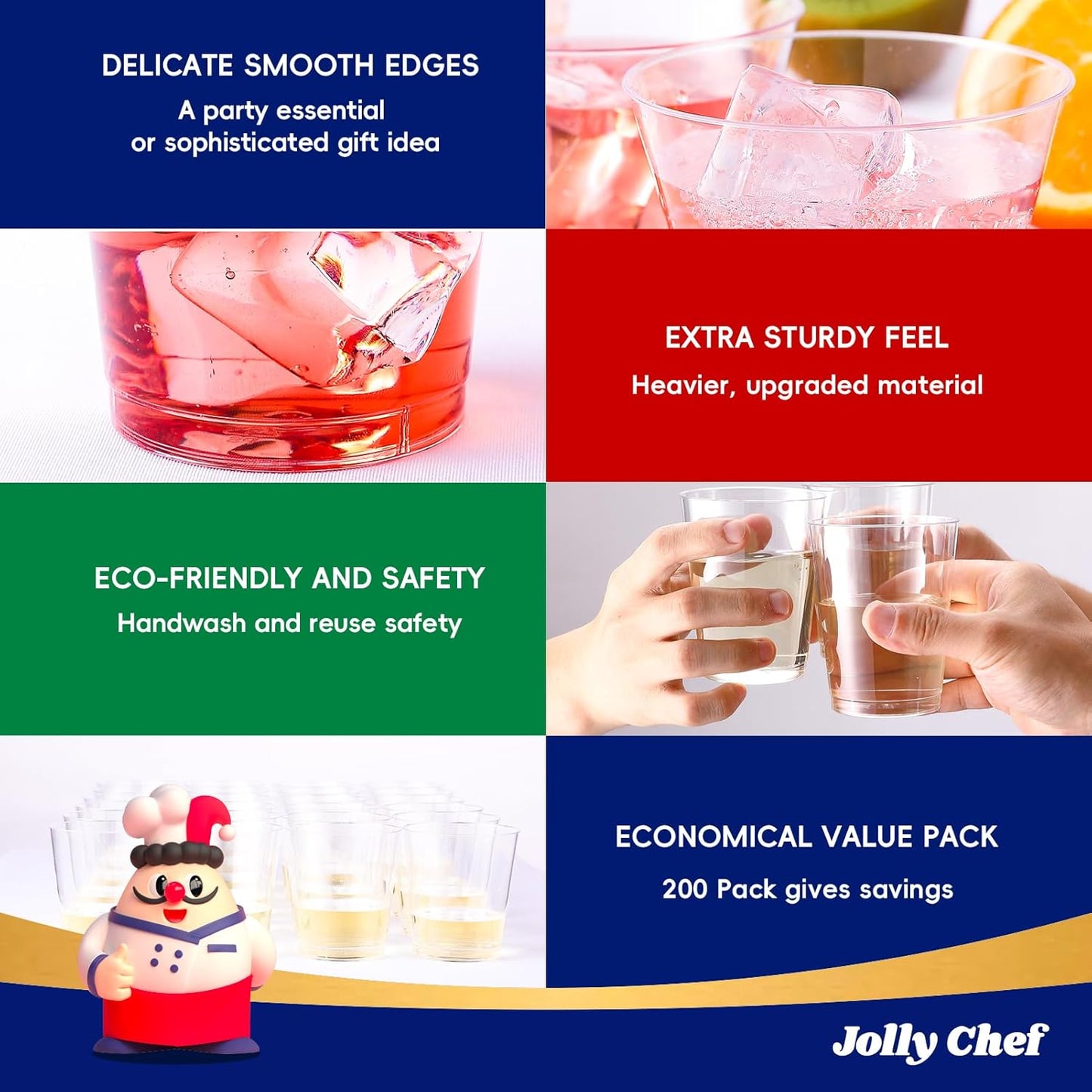 JOLLY CHEF 14 oz Clear Plastic Cups, 200 Pack Heavy-duty Party Glasses, Disposable plastic cups for wedding Cocktails Tumblers, Ideal for Wedding & Party