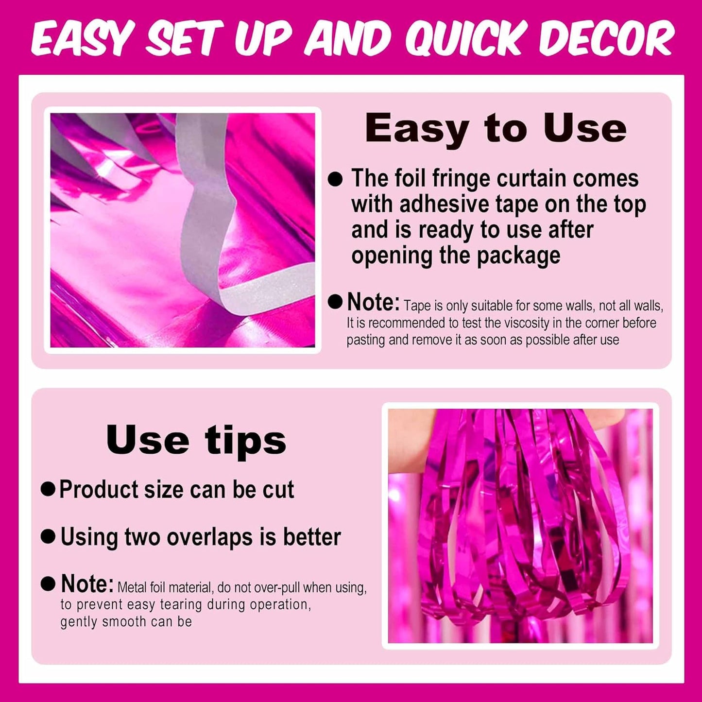 3 Pack Fuchsia Foil Fringe Curtains Backdrop, 3.28 x 9.8 Ft Metallic Streamers Tinsel Curtains Background for Photo Booth, Birthday, Halloween, Christmas, Thanksgiving, New Year Party Decorations