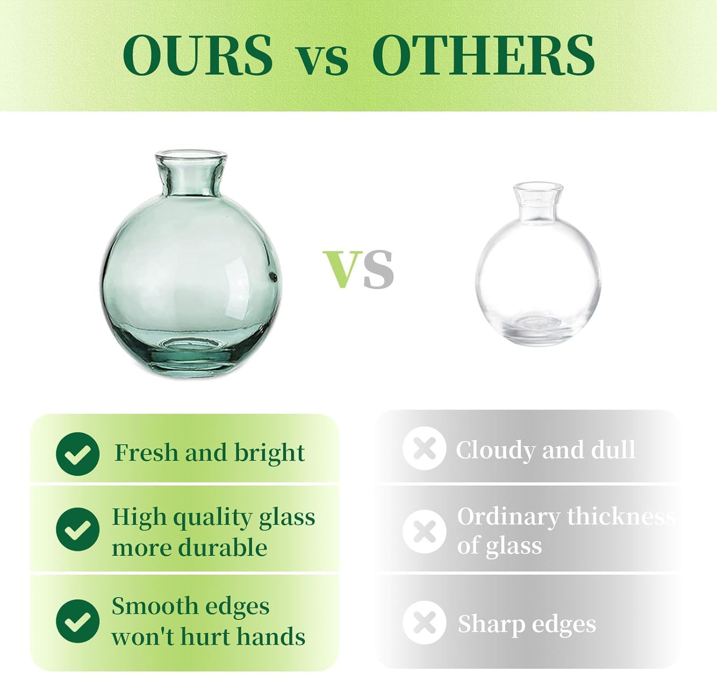 Glass Bud Vases Set of 6, Hewory Cute Green Small Vases Handmade, Mini Glass Flower Vase for Floral Arrangements, Tiny Centerpiece for Home Office Wedding Party Events Table Decor (Not Include Flower)