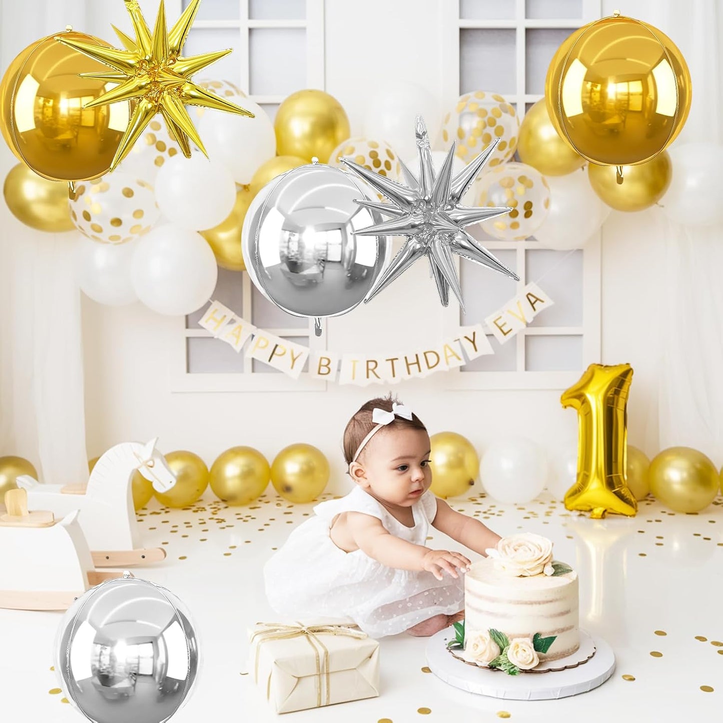6Pcs Gold Silver Foil Balloons,22Inch Silver Gold 4D Round Ball Balloon and Explosion Star Balloon for Birthday Wedding Baby Shower Prom Party Anniversary Decorations