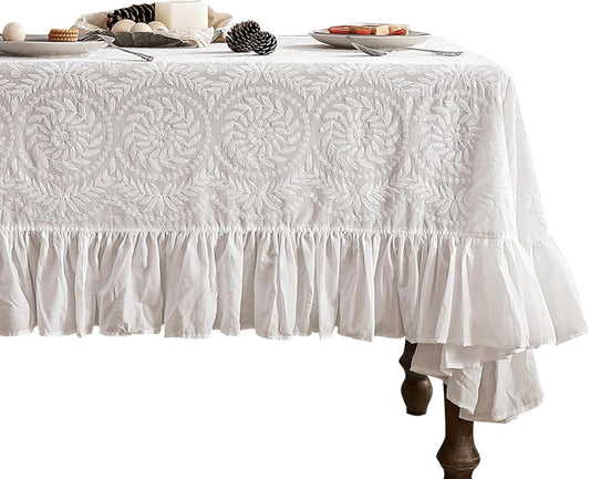 patdrea Vintage Ruffle Tablecloth for Rectangle Tables,Farmhouse Embroidered Cotton White Lace Table Cloth Cover Decor for Dining Room Wedding Banquet Thanksgiving Christmas,59"*75"