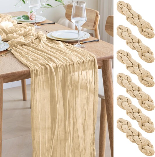 Asee'm 6pcs Cheesecloth Table Runner 120 Inches Long Sand Boho Gauze Cheese Cloth Runner 10FT Rustic Sheer Table Runners for Christmas Wedding Party Baby Shower Spring Easter Decoration