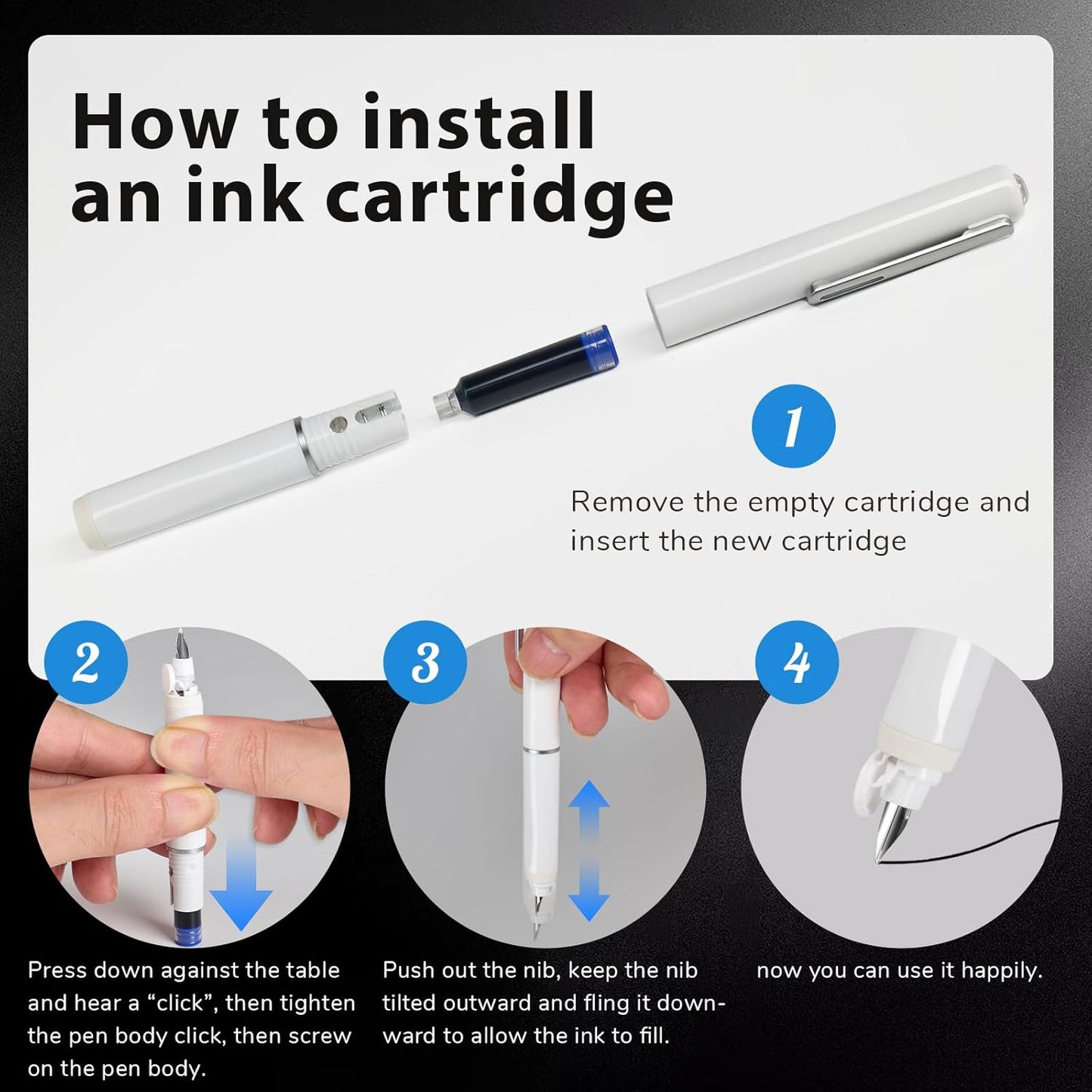 Retractable Fountain Pen Set, Click Fountain Pen Fine Nib, Capless Fountain Pen, Click-to-Write Pen with 5 Black Ink Cartridges, for Writing Journaling Sketching Drawing Calligraphy White