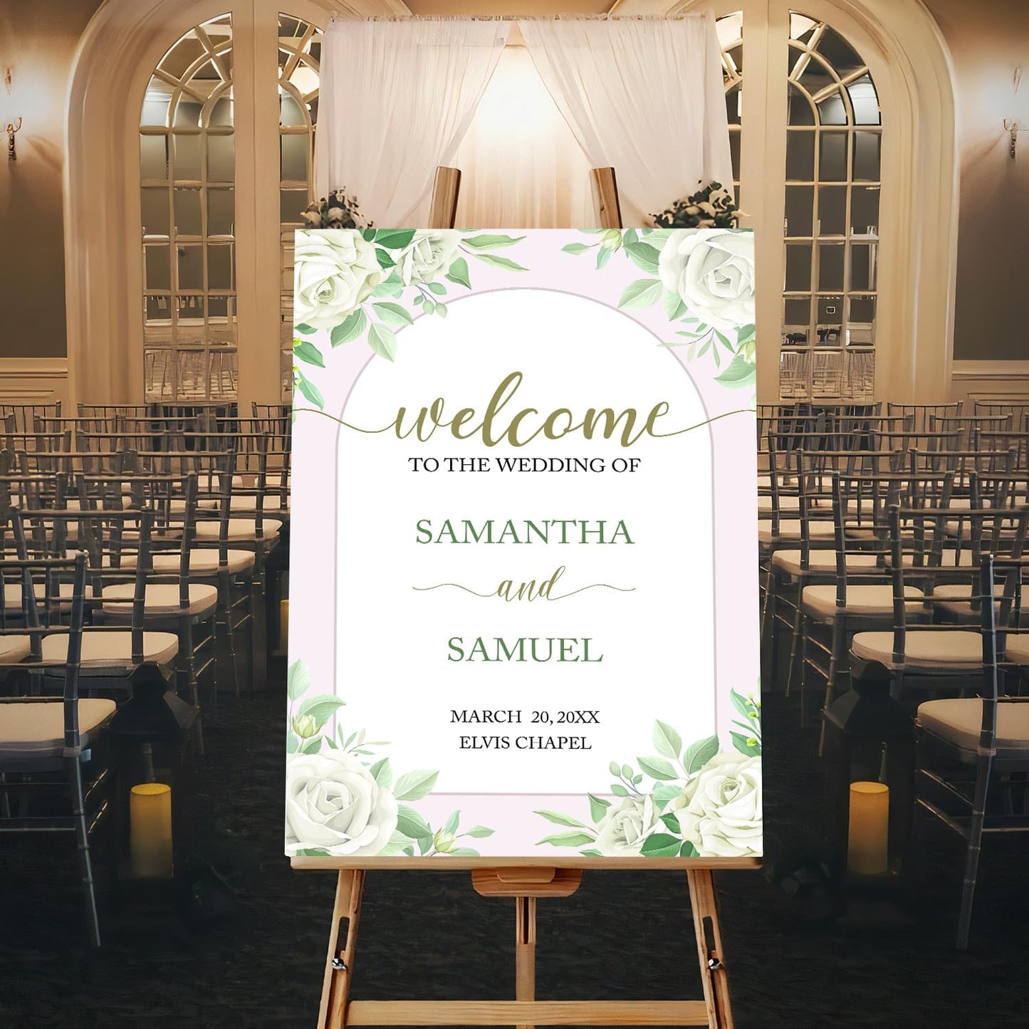 Editable Greenery Wedding Welcome Sign Template, Printable White Floral Sign for Ceremony or Reception, Modern Minimalist Wedding Decor