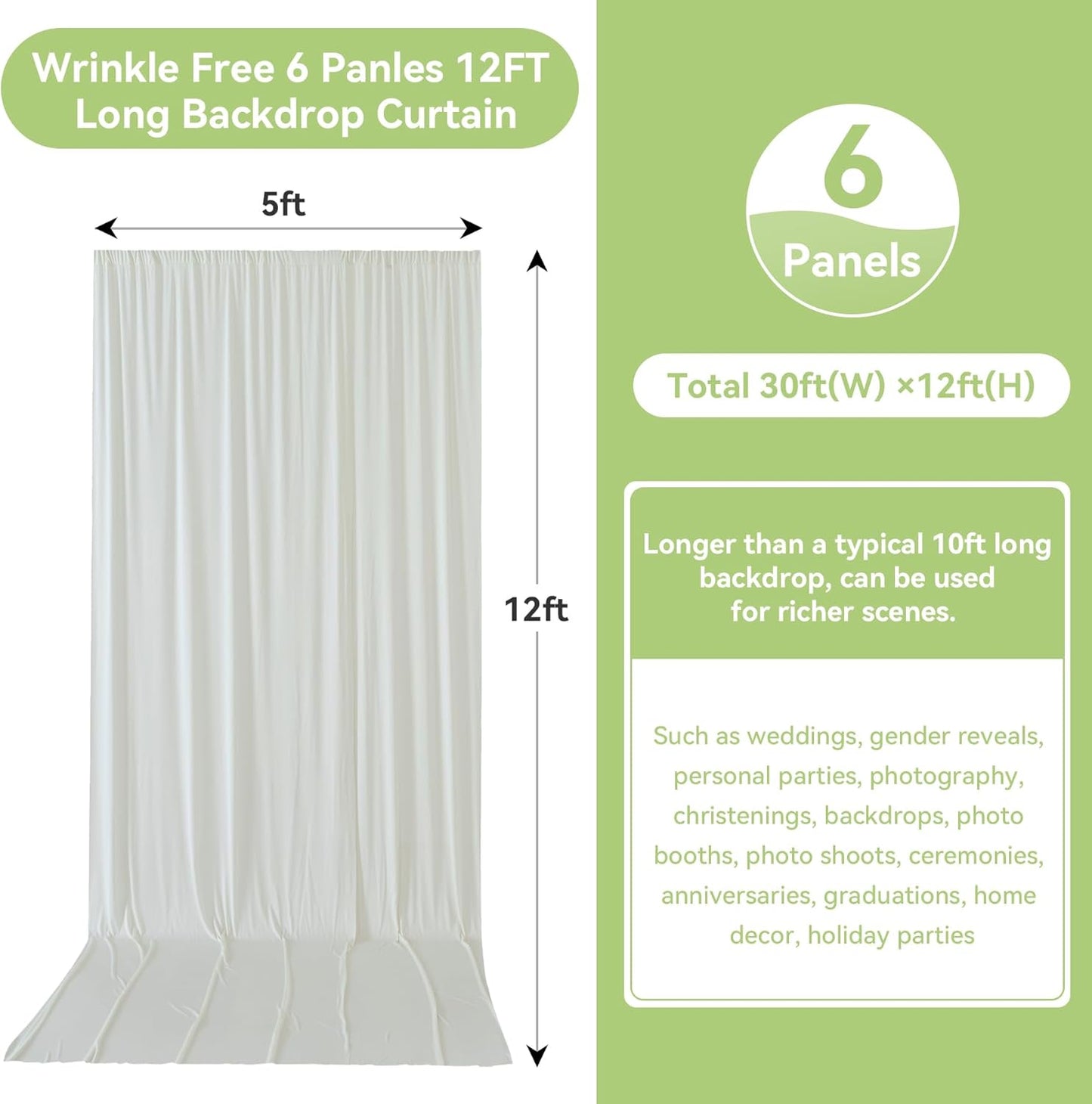 30ftx12ft Wrinkle Free Ivory Backdrop Curtain, 6 Panels 12FT Height Ivory Wedding Backdrop Drapes, Silky Polyester Back Drop Cloth for Birthday Photography Background Party Backdrop Draping