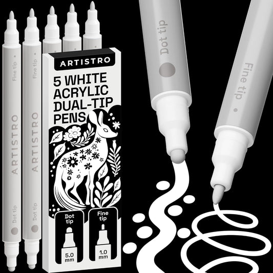 ARTISTRO 5 White Dual-Tip Acrylic Paint Pens for Rock, Ceramic, Glass, Wood, Fabric - White Markers for Acrylic Painting, 5mm Dot + 1mm Fine Tips