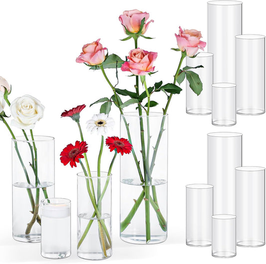 12 PCS Clear Cylinder Vases for Centerpieces | 4, 6, 8,10 Inch Tall Flower Vase for Wedding Decorations, Clear Floating Candle Vases in Bulk, Hurricane Candle Holders for Table, Home Décor