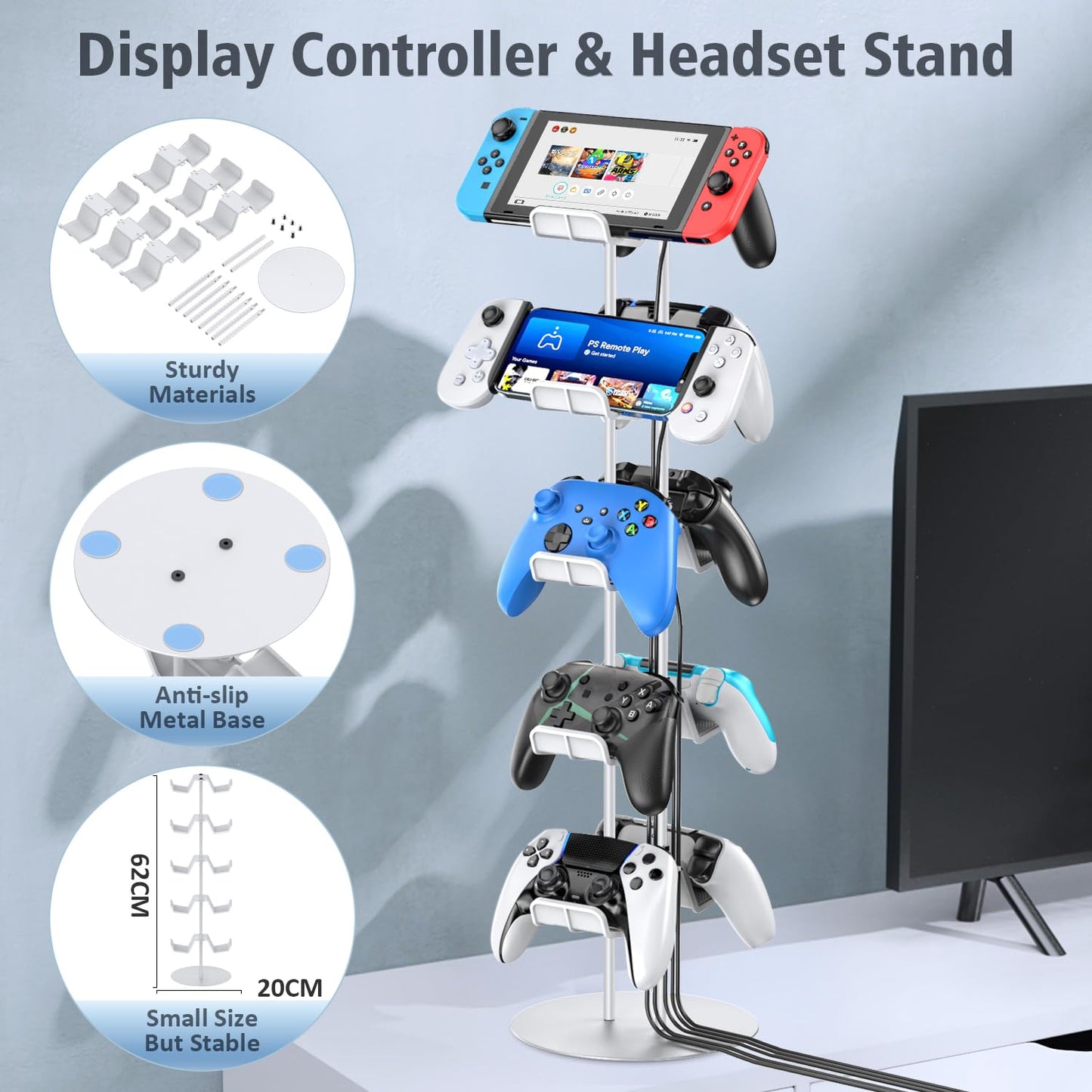 Kytok Gamer Gifts, Headset Stand 5 Tiers with Cable Organizer, Controller Stand Compatible with PS5/Xbox/Nintendo Switch/PS Portal/PS4, Headset Holder & Controller Holder for 10 Packs Controller