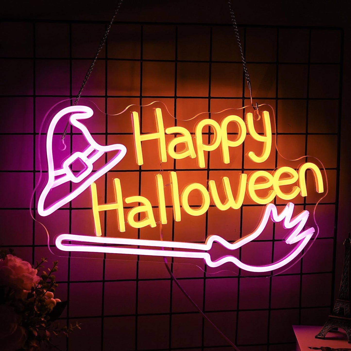 Happy Halloween Neon Sign Witch Hat Neon Sign Dimmable Broom Led Wall Decor Neon Lights Halloween Decorations for Home Spooky Party Kids Room