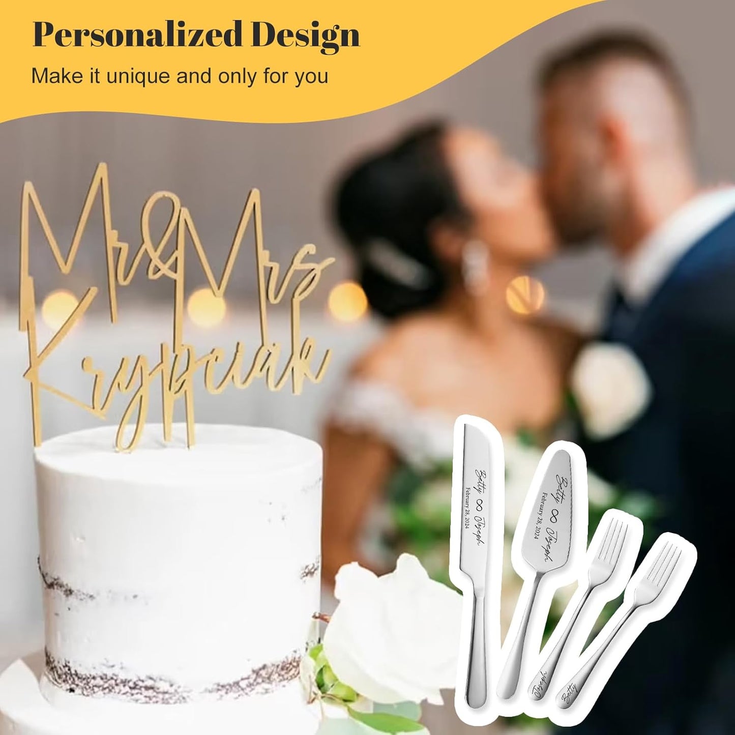Personalized Wedding Cake Knife and Server Set Stainless Steel Forks Cake Cutter Server Engraved Cake Cutting Set for Wedding Anniversary Engagement Birthday Gifts