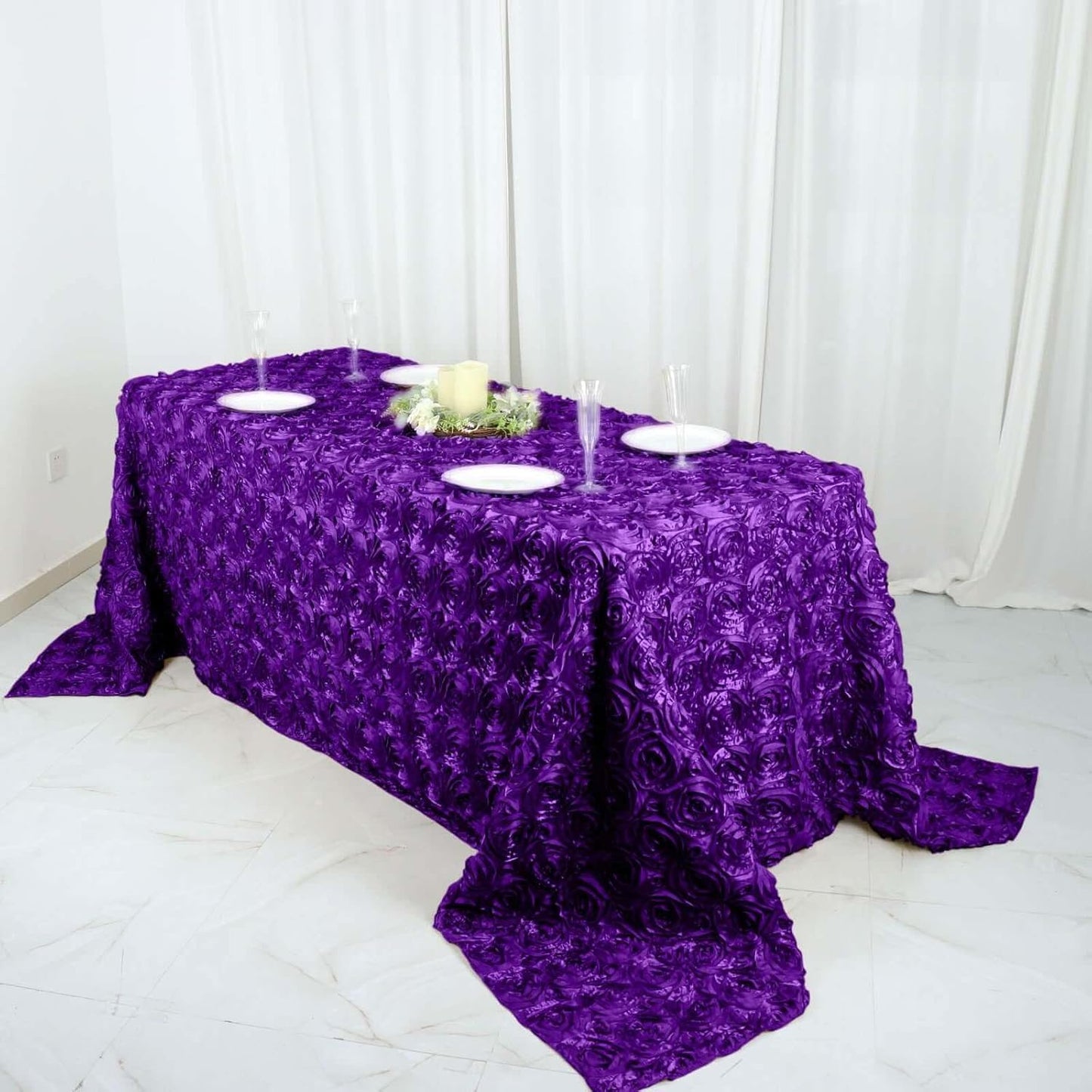 Efavormart 90"x132" Wholesale Rectangle Table Cover Purple Grandiose Rosette 3D Satin Tablecloth for Wedding Party Event Decoration