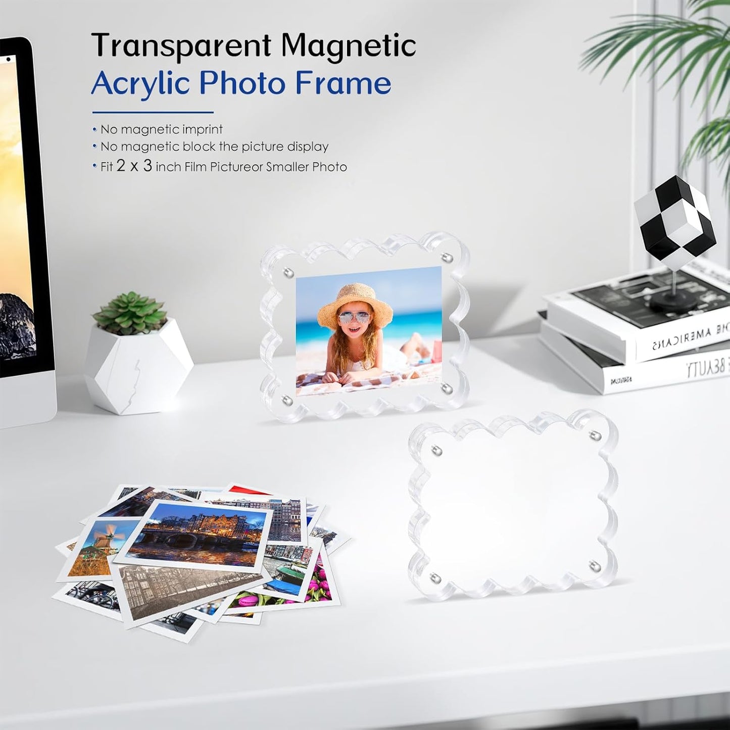 6Pack Magnetic Acrylic Picture Frames 2×3 Inch - Scalloped Glass Frame with 10+10mm Thick Block, Double Sided Clear Frames for Desktop Display | Trendy Home Gift
