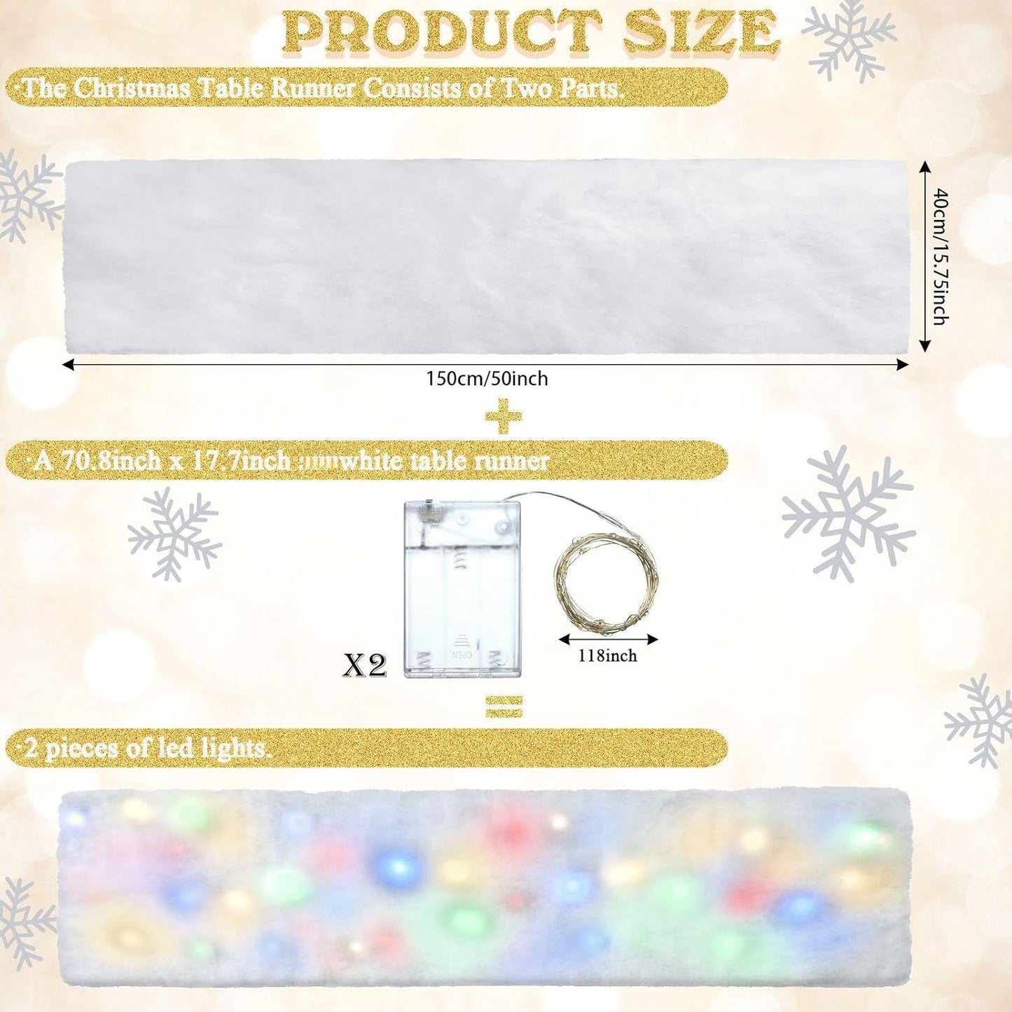 Jetec LED Christmas Fake Snow Blanket with Lights Artificial Snow Blanket with 2 Pcs LED Lights Lighted Snowflake Table Runner for Christmas Tree Village Display Winter Party Decor(15.75''x 59.06'')