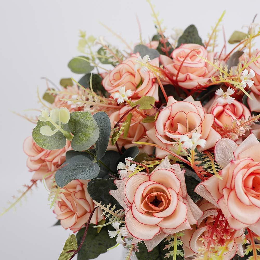 LESING Artificial Rose with Vase,Fake Silk Flowers Bouquets in Vase Table Centerpiece Arrangement for Kitchen Living Room (Pink-1)