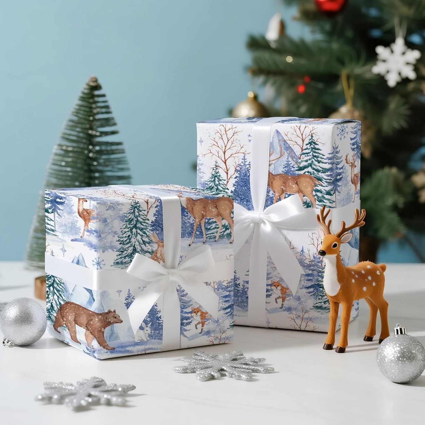 LeZakaa Christmas Wrapping Paper Roll, Winter Forest Animal Gift Wrap with Deer Bear Rabbit Snowflake Design, Watercolor Style, for Xmas Presents Family Gatherings, Holiday, Mini Roll 17 in x 16.4 Ft