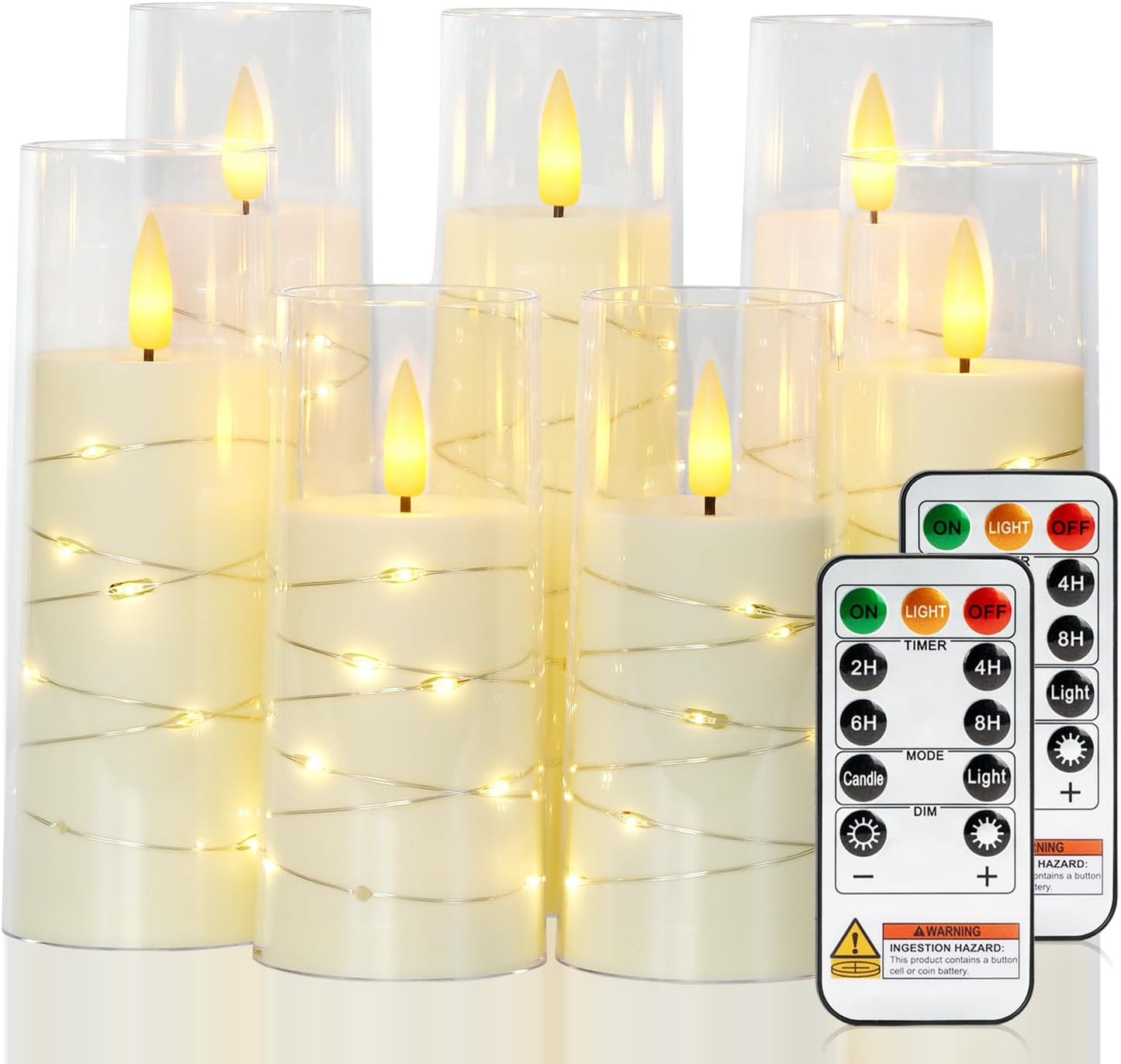 Raycare Flameless Candle with Remote Timer, 7 Flickering Acrylic Battery Operated LED Pillar Candles with Embedded Star String for Halloween, Home Decor, and as a Gift(Ivory)