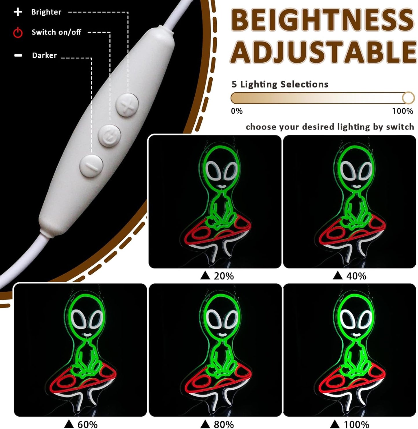 Mushroom Alien Neon Sign for Wall Decor, USB Dimmable Green Alien Neon Lights for Bedroom, Home, Game Room, Party, Beer Bar, Hip Hop Pub, Man Cave, Yoga Gifts